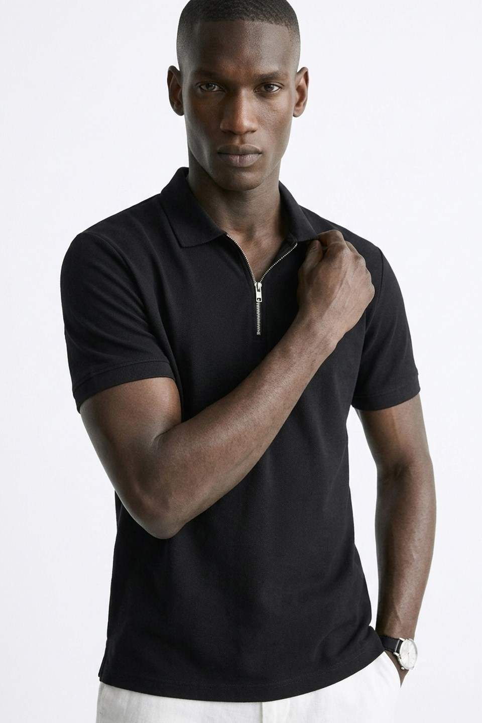 Erkek Fermuar Yaka Pike Polo T-Shirt - Siyah