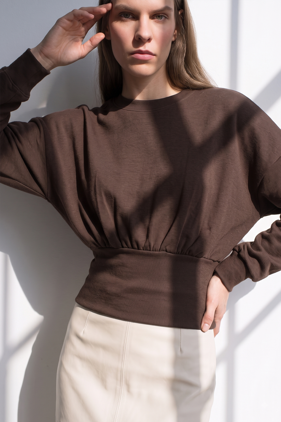 Kadın Bel Detaylı Uzun Kol Sweatshirt - Acı Kahve