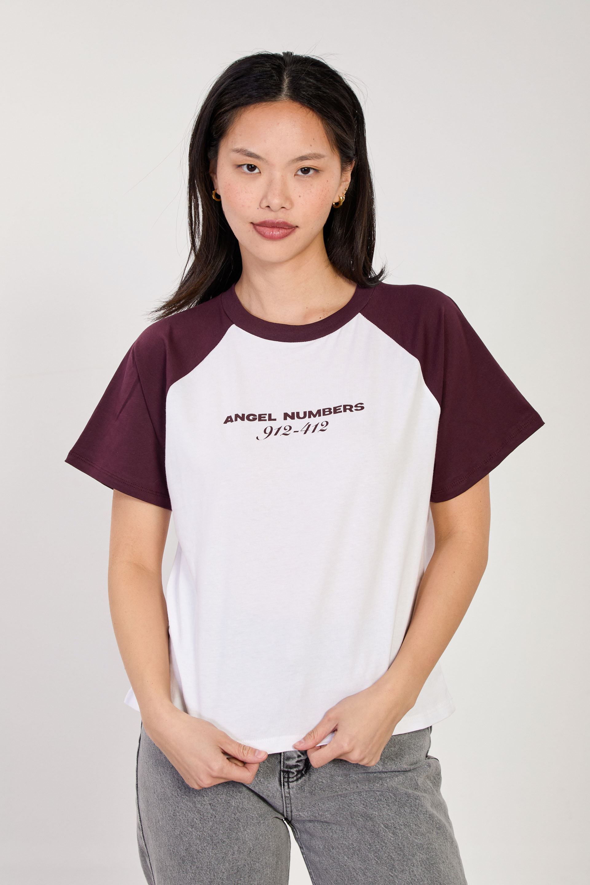 Kadın Ön Arka Baskılı Kol Garnili T-Shirt - Beyaz/Mürdüm