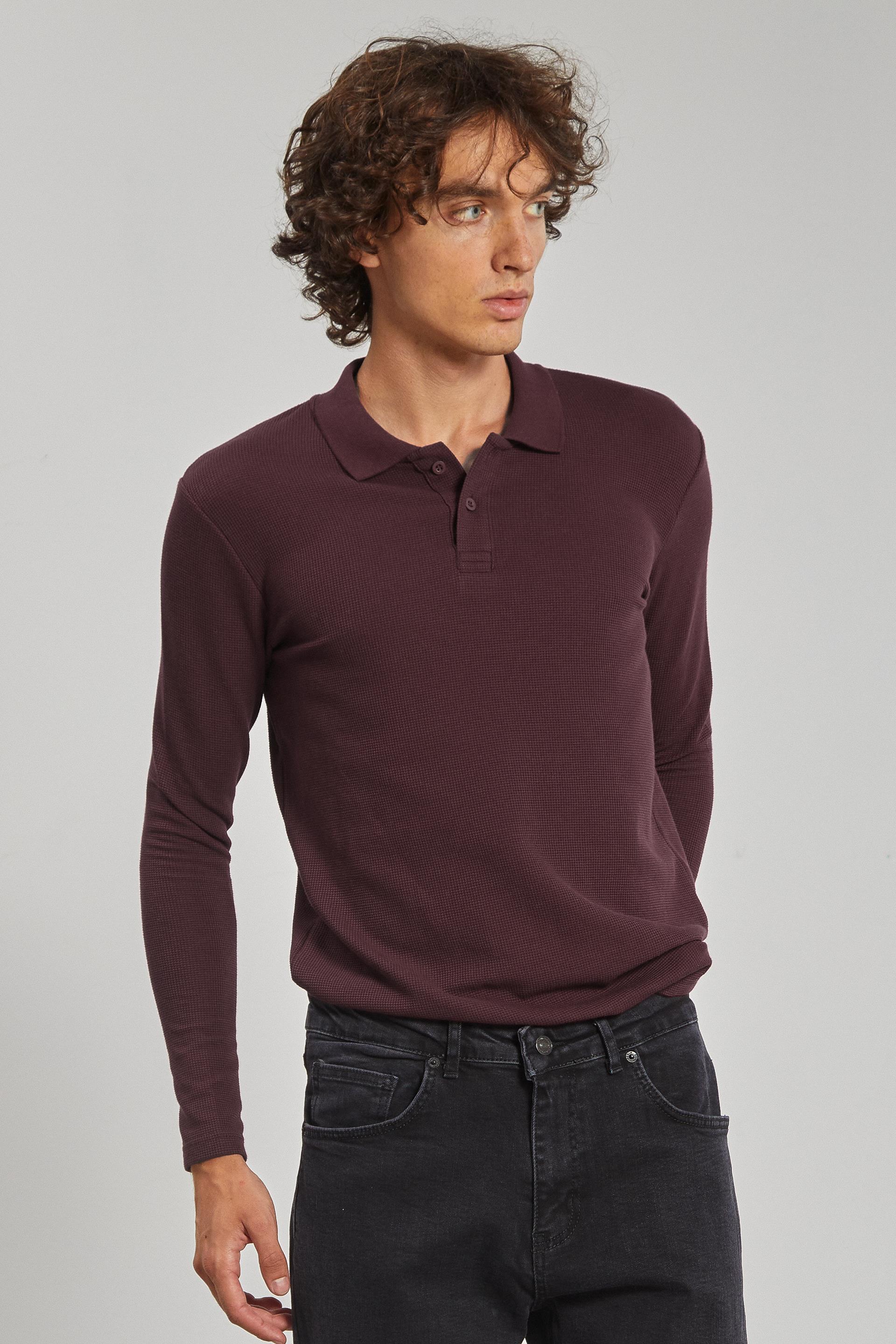 Erkek Polo Yaka Waffle Sweatshirt - Vişne