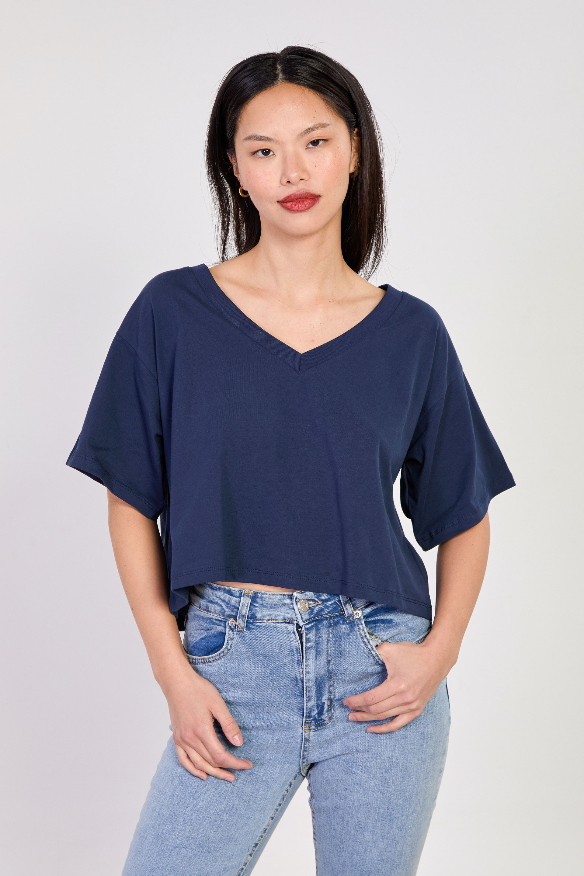 Kadın V Yaka Kısa Oversize T-Shirt - Lacivert