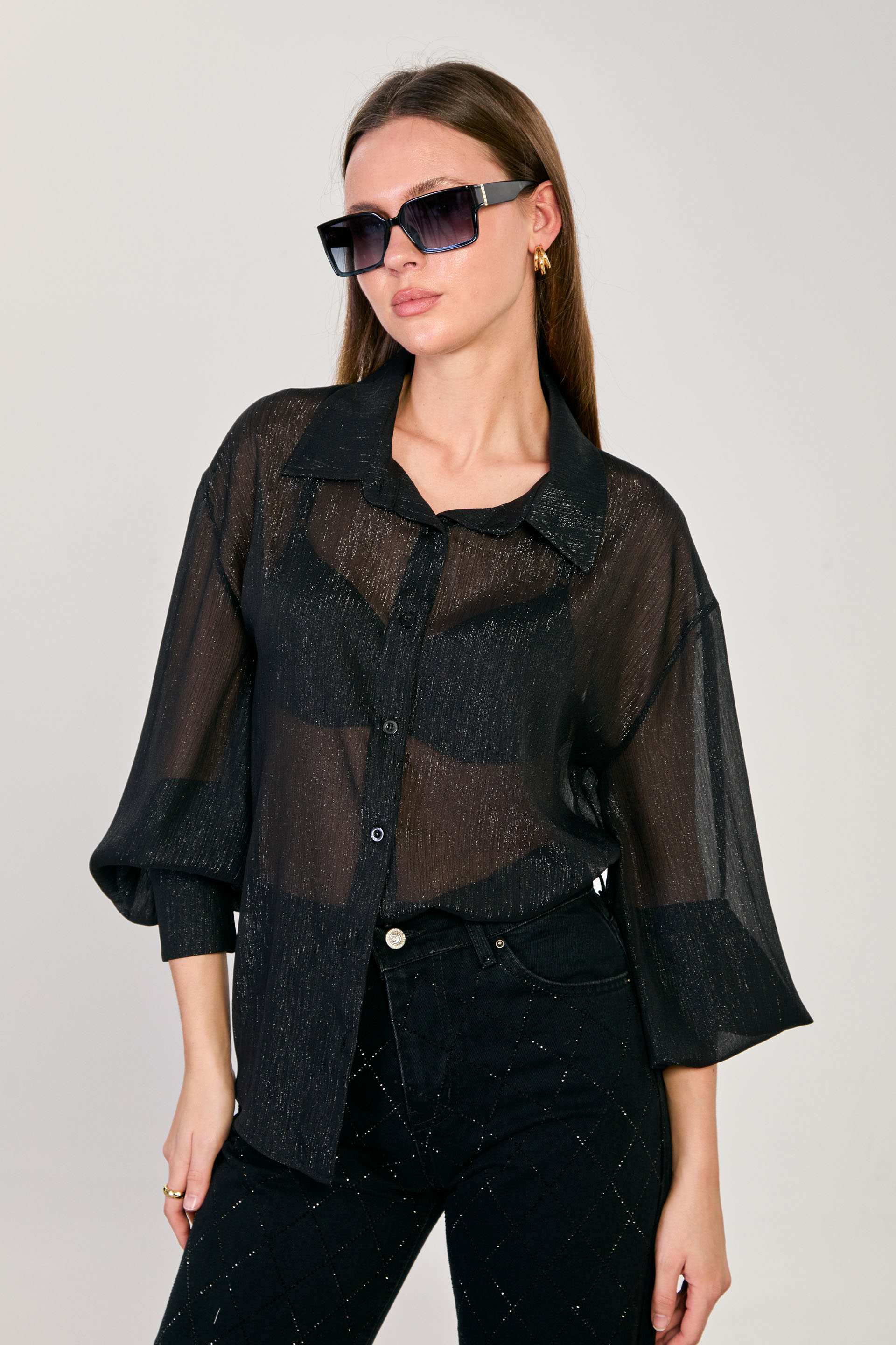 Kadın Simli Balon Kol Gömlek - Siyah
