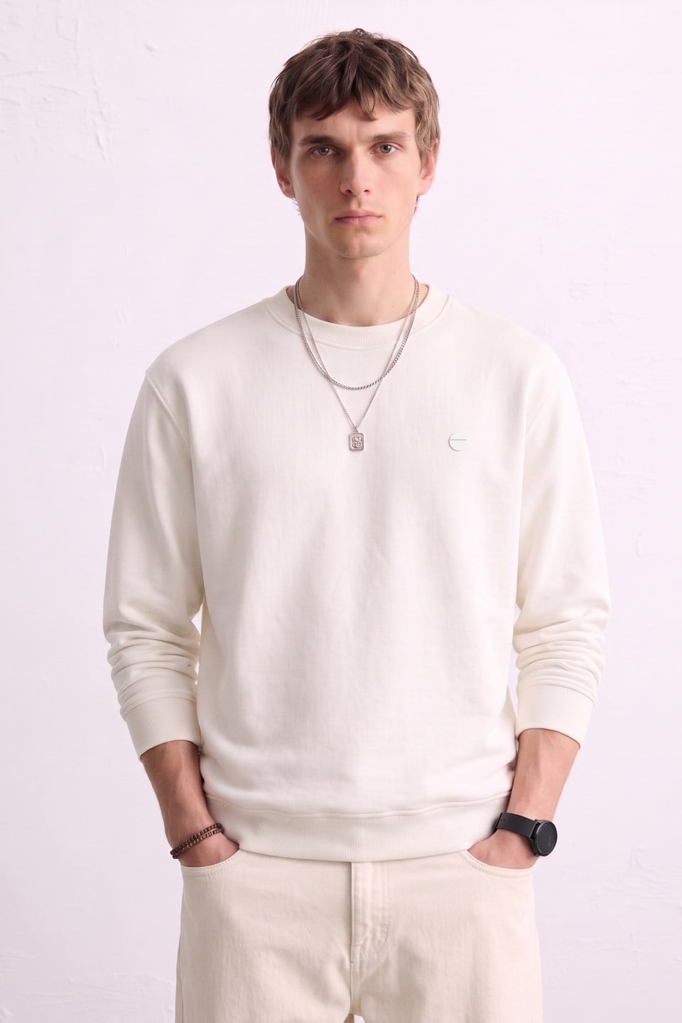 Erkek Göğüs Baskı Detaylı Uzun Kollu Sweatshirt - Ekru