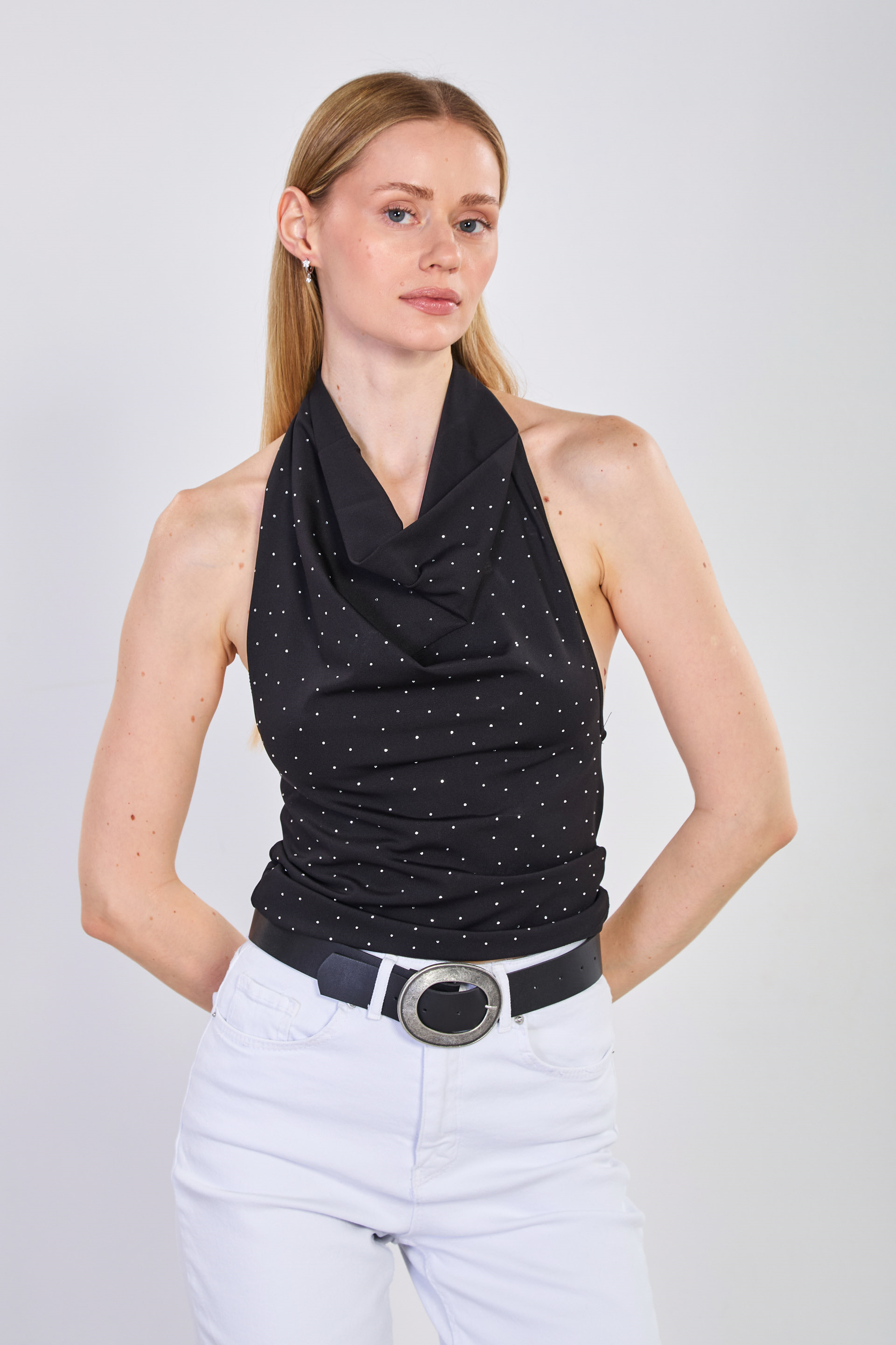 Kadın Degaje Yaka Taşlı Bluz - Siyah