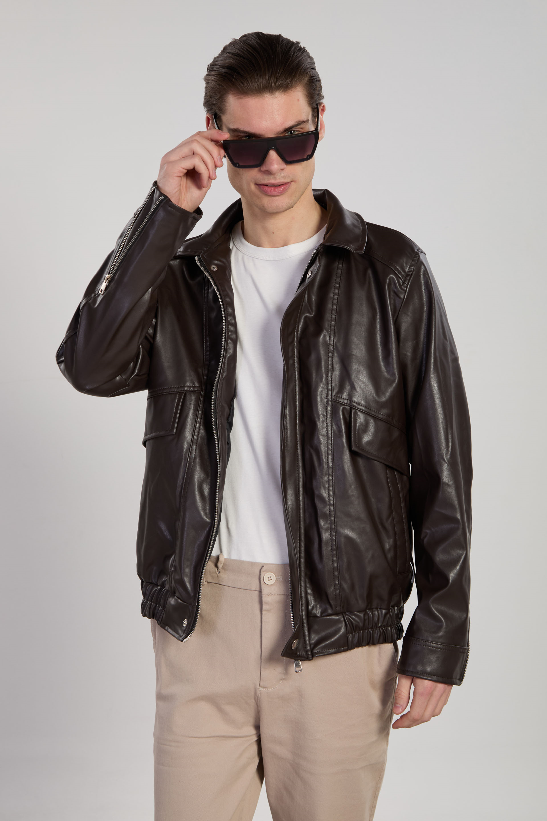 Erkek Kol Fermuarlı Bomber Deri Mont - Acı Kahve