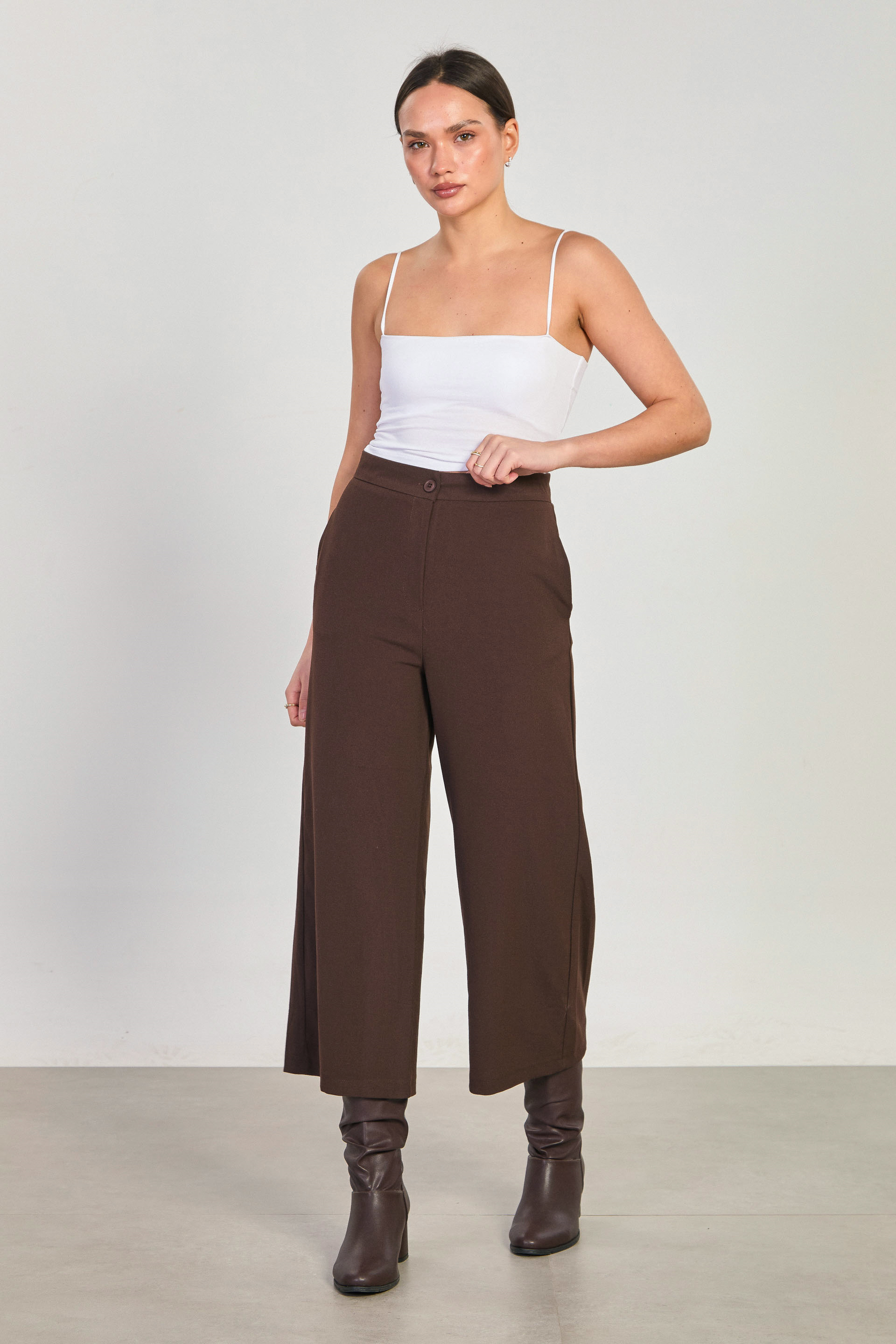 Kadın Yüksek Bel Bol Paça Culotte Pantolon - Acı Kahve