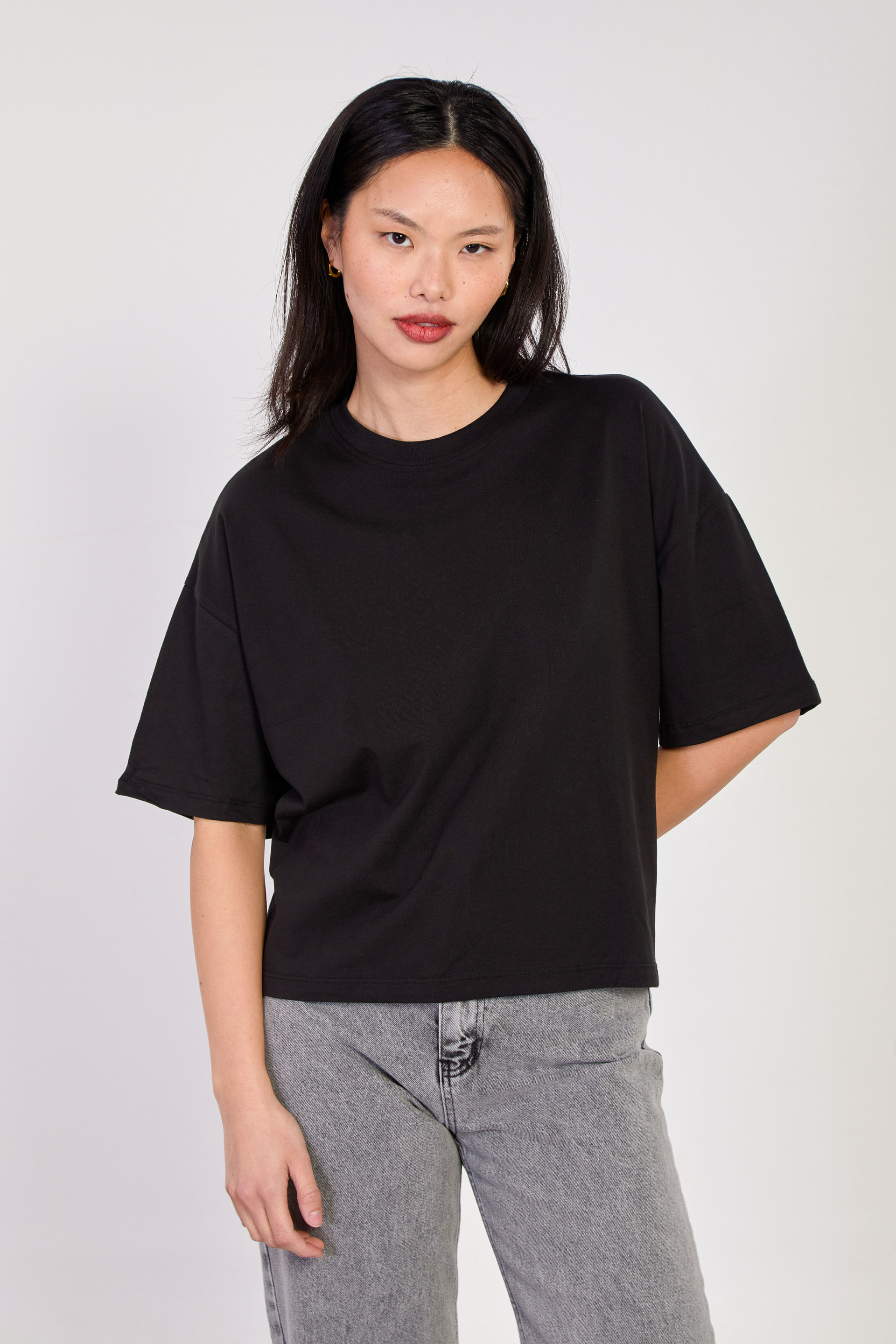 Kadın Bisiklet Yaka Oversize T-Shirt - Siyah