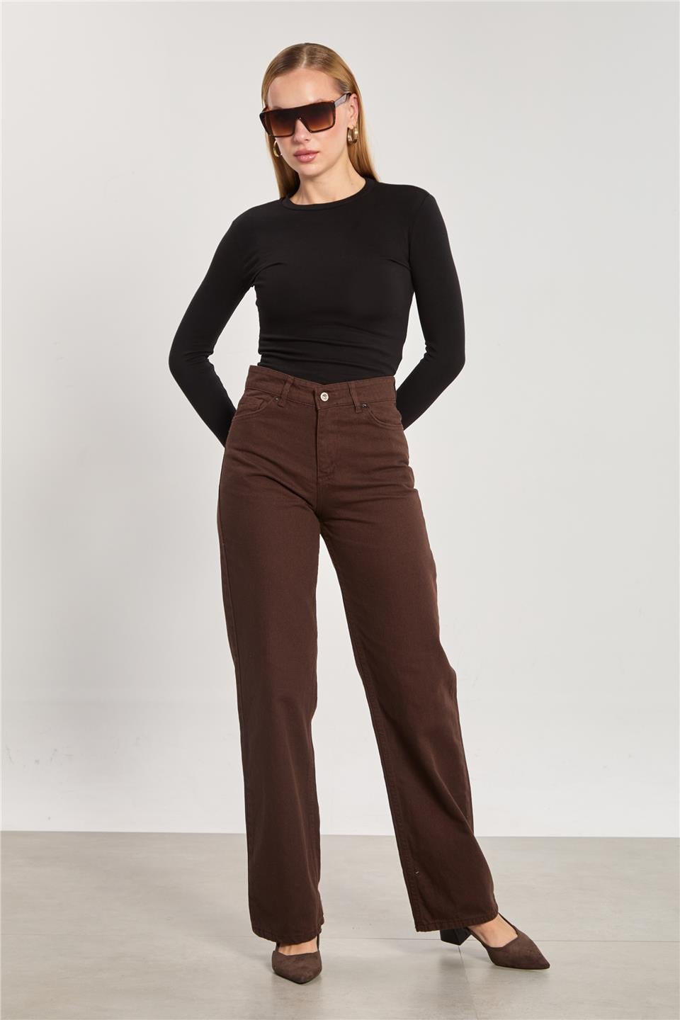 Kadın Wide Leg Gabardin Pantolon - Kahve