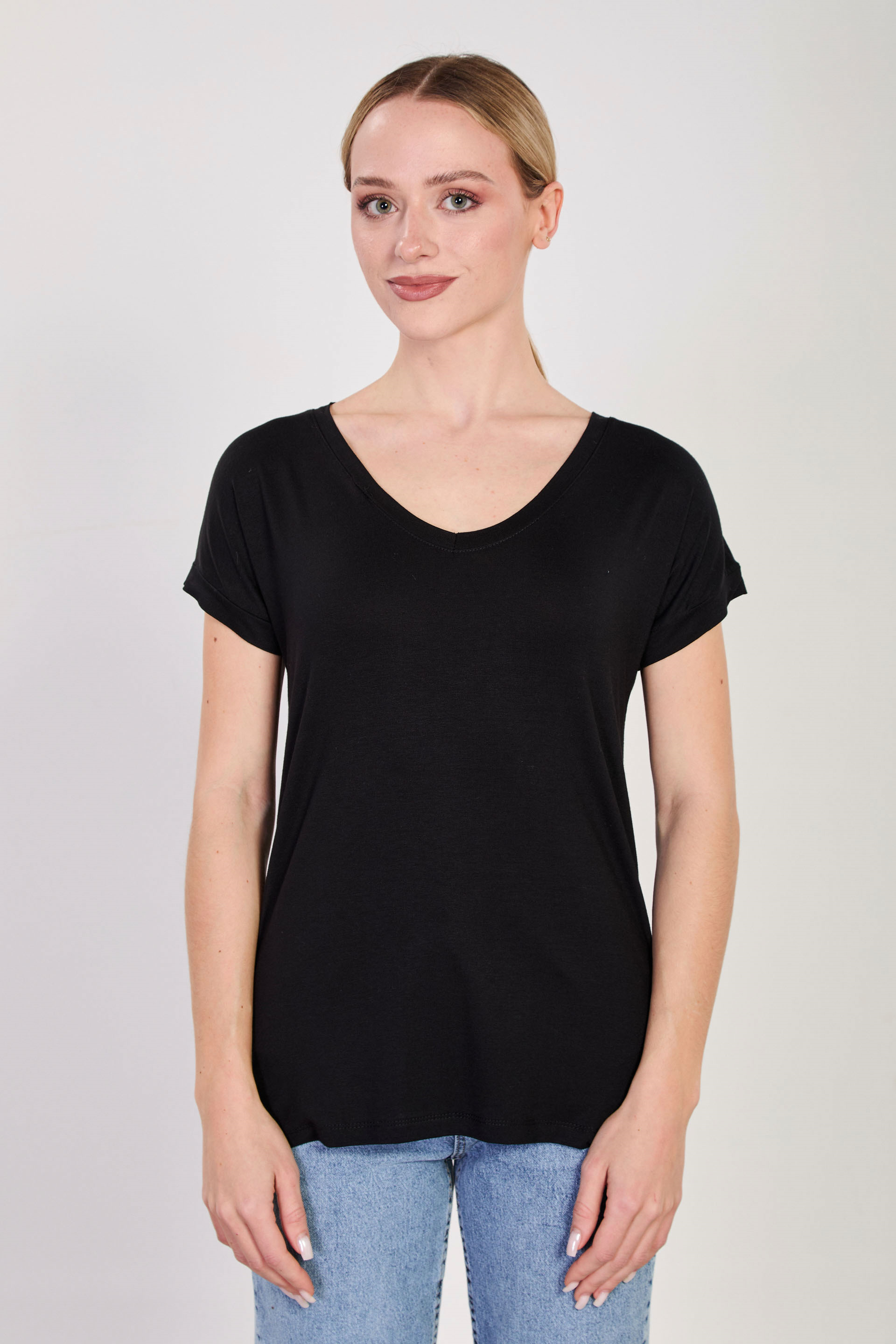 Kadın V Yaka Yırtmaçlı T-Shirt - Siyah