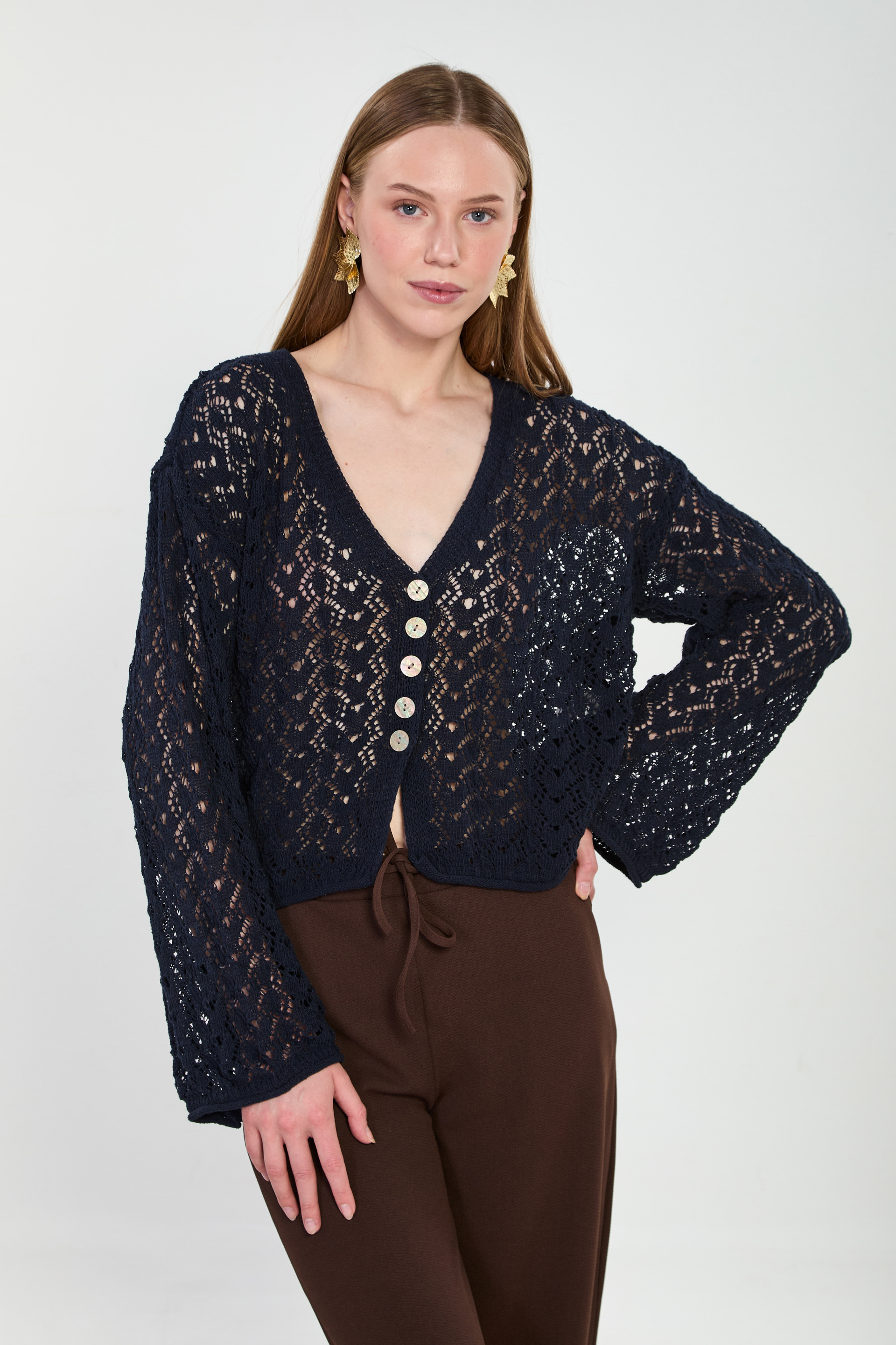 Kadın 5 Düğmeli Ajurlu Hırka - Lacivert