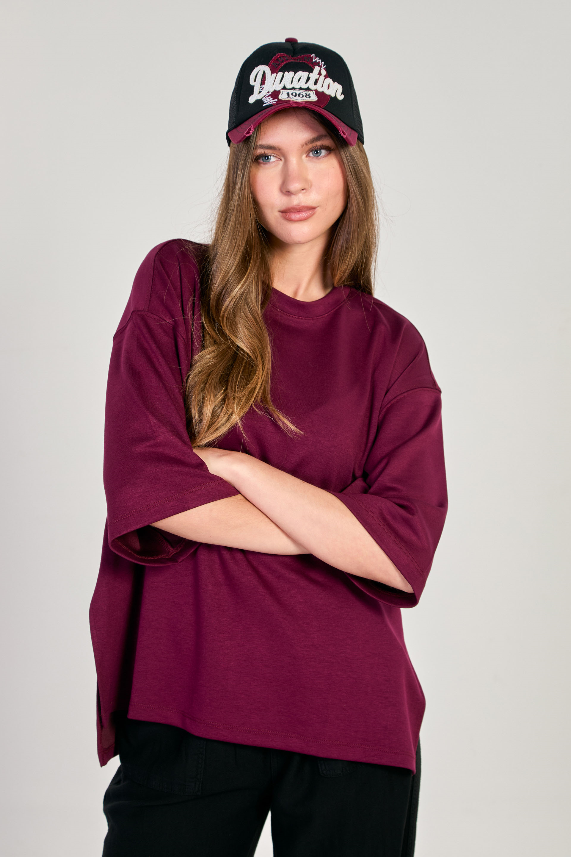 Kadın Yanı Yırtmaçlı Oversize Modal T-Shirt - Bordo