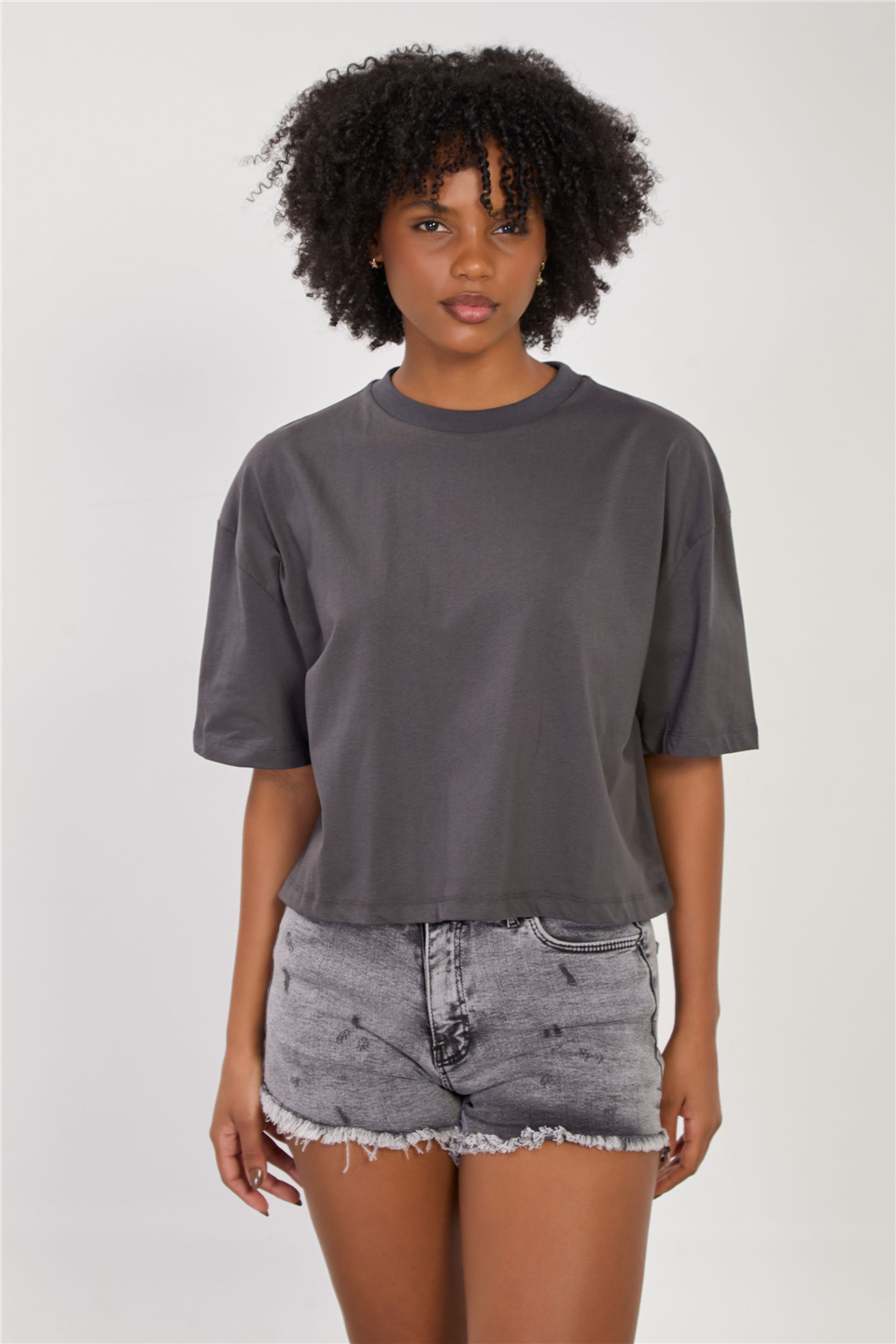 Kadın Bisiklet Yaka Kısa Oversize T-Shirt - Antrasit
