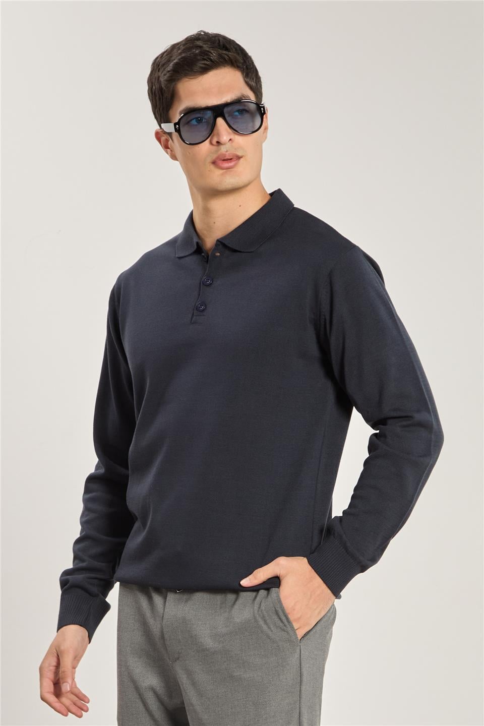 Erkek Polo Yaka Düğmeli Triko Kazak - Koyu Lacivert