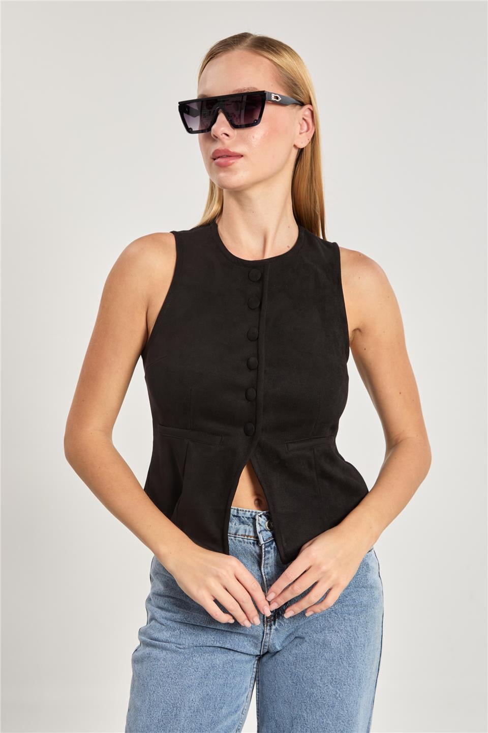 Kadın Fleto Cepli Düğmeli Yelek - Siyah