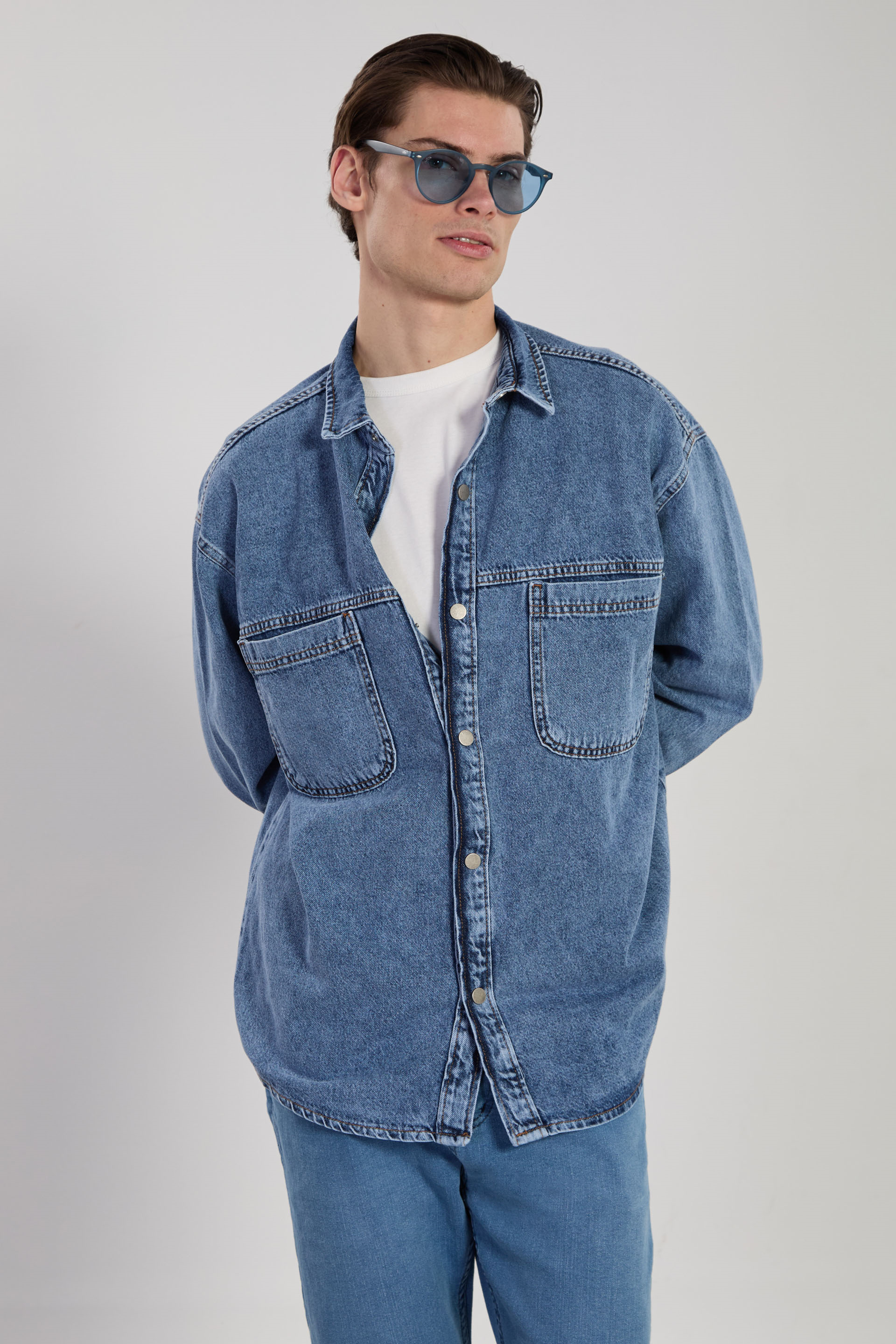 Erkek Çift Cep Çıtçıtlı Denim Ceket - Mavi Kar Y.