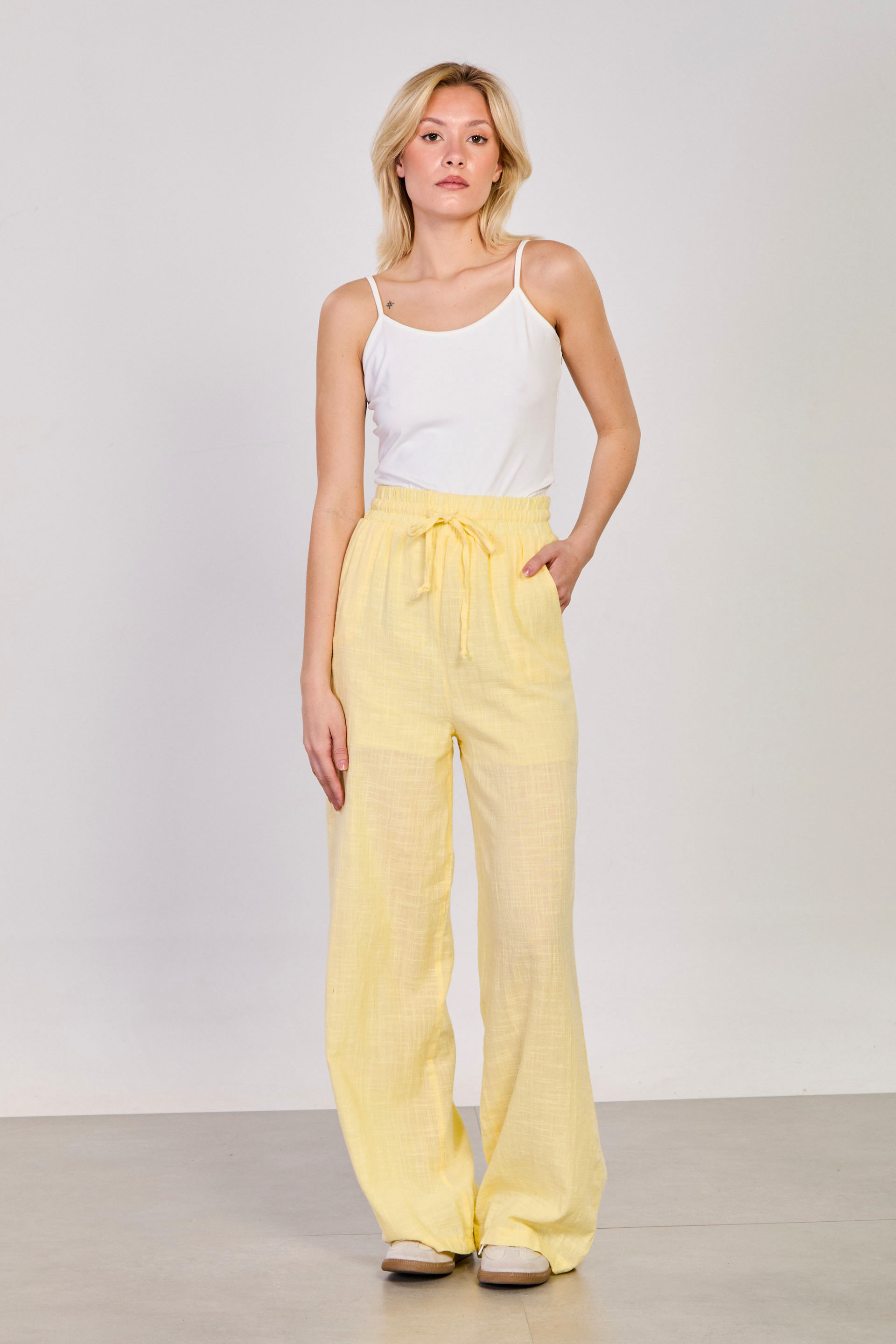 Kadın Beli Bağlamalı Keten Bol Pantolon - Sarı
