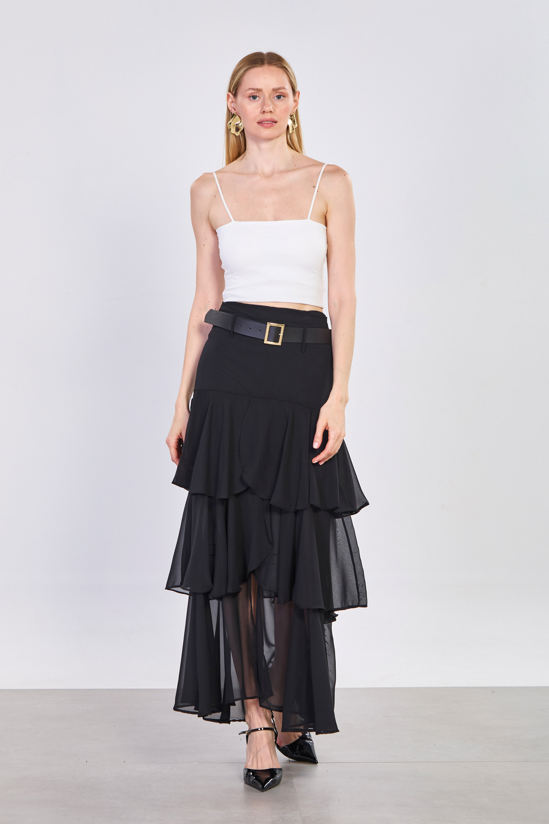 Kadın Kemerli Fırfırlı Uzun Şifon Etek - Siyah