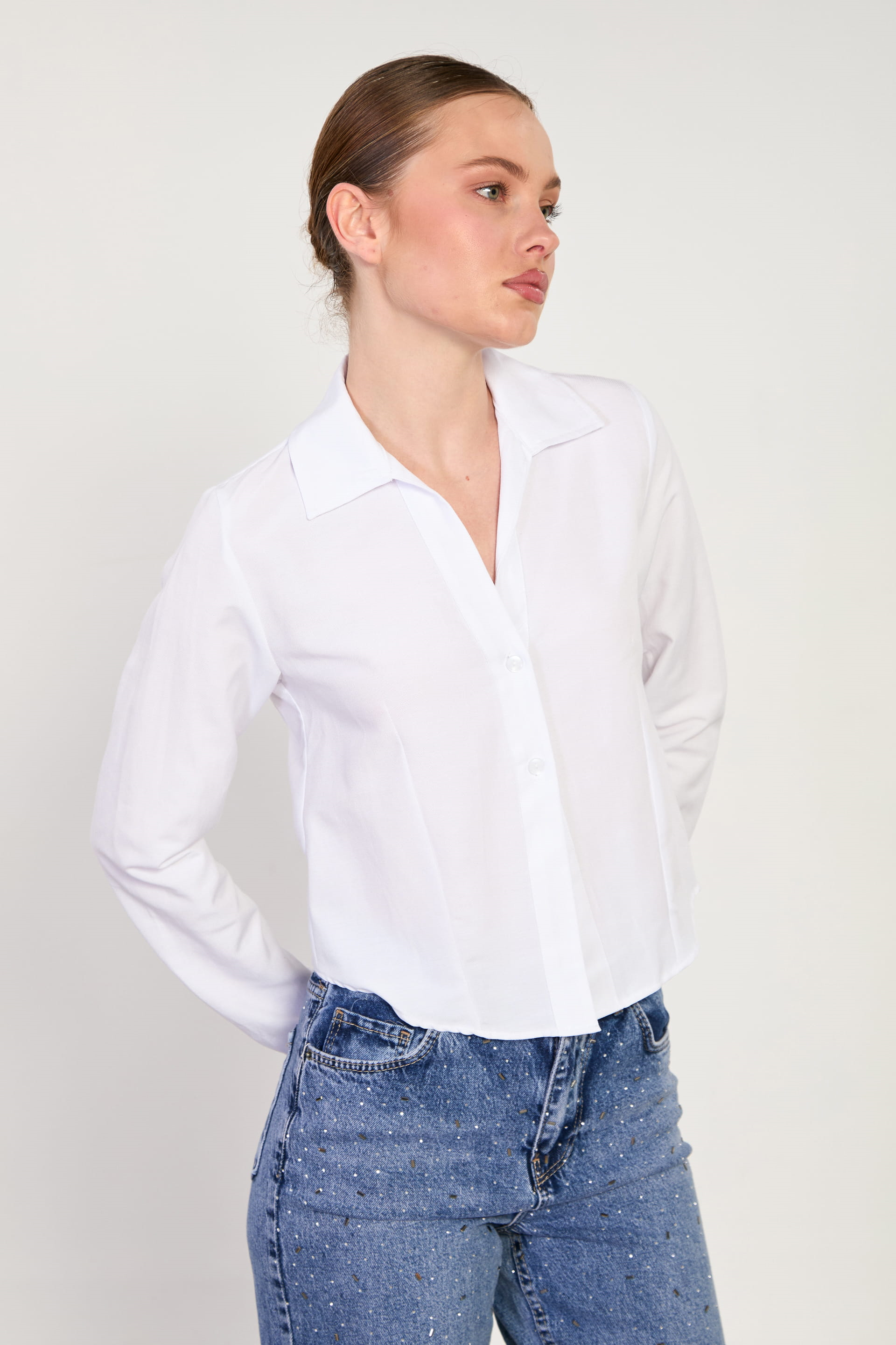 Kadın Çift Düğmeli Oxford Gömlek - Beyaz