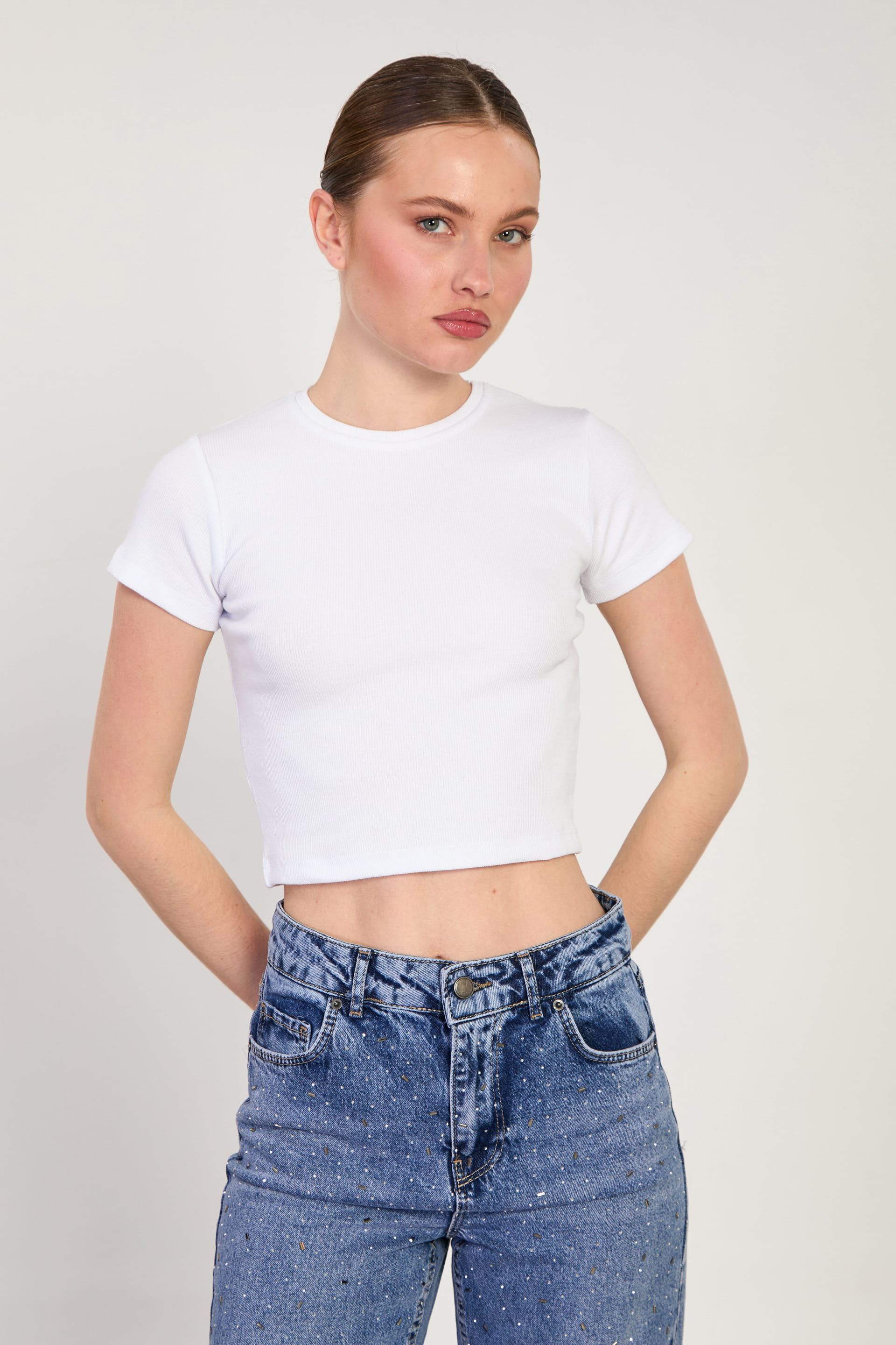 Kadın Bisiklet Yaka Fitilli Body - Beyaz