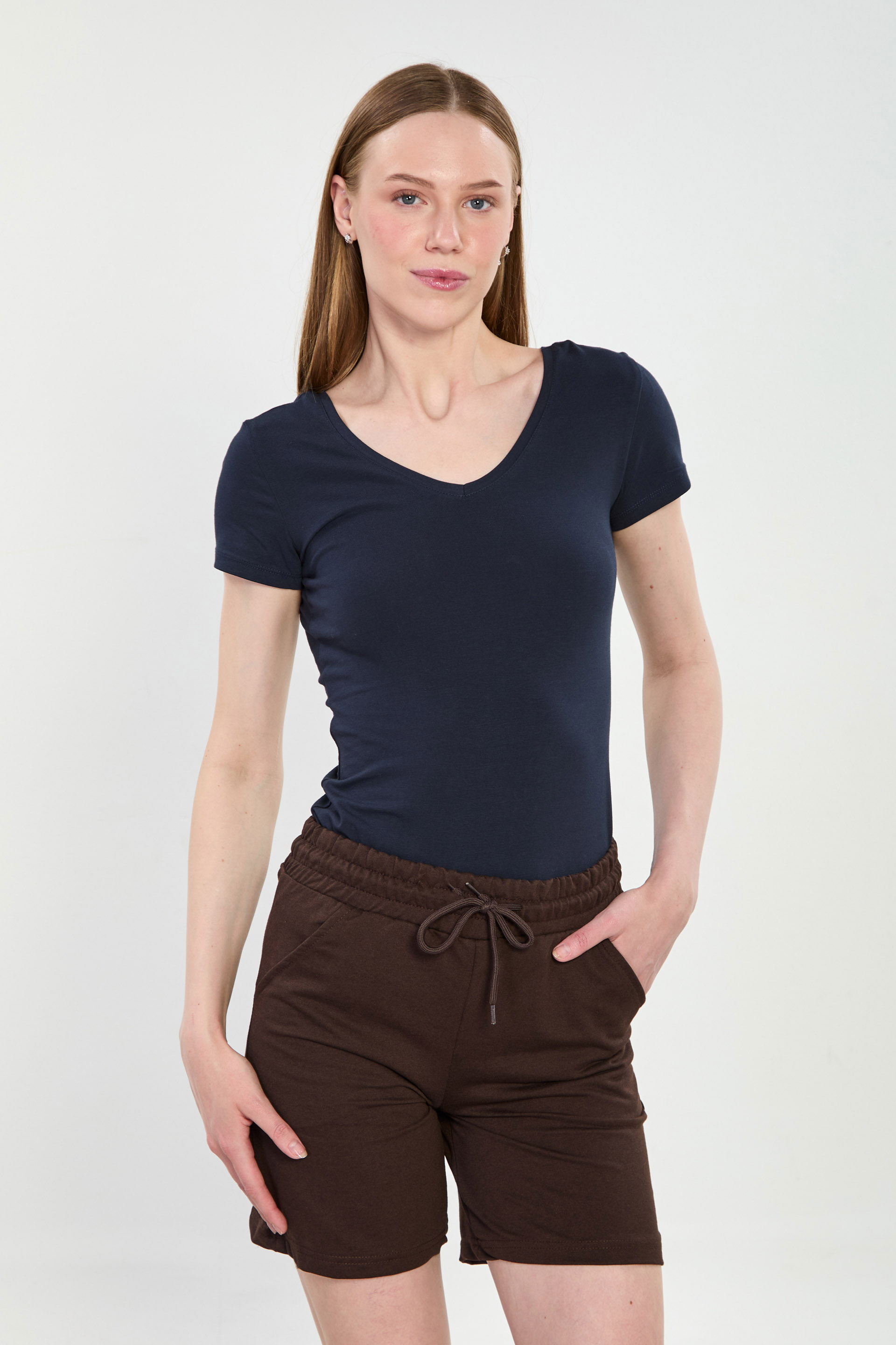 Kadın Ön Arka V Yaka Kısa Kol Body - Lacivert