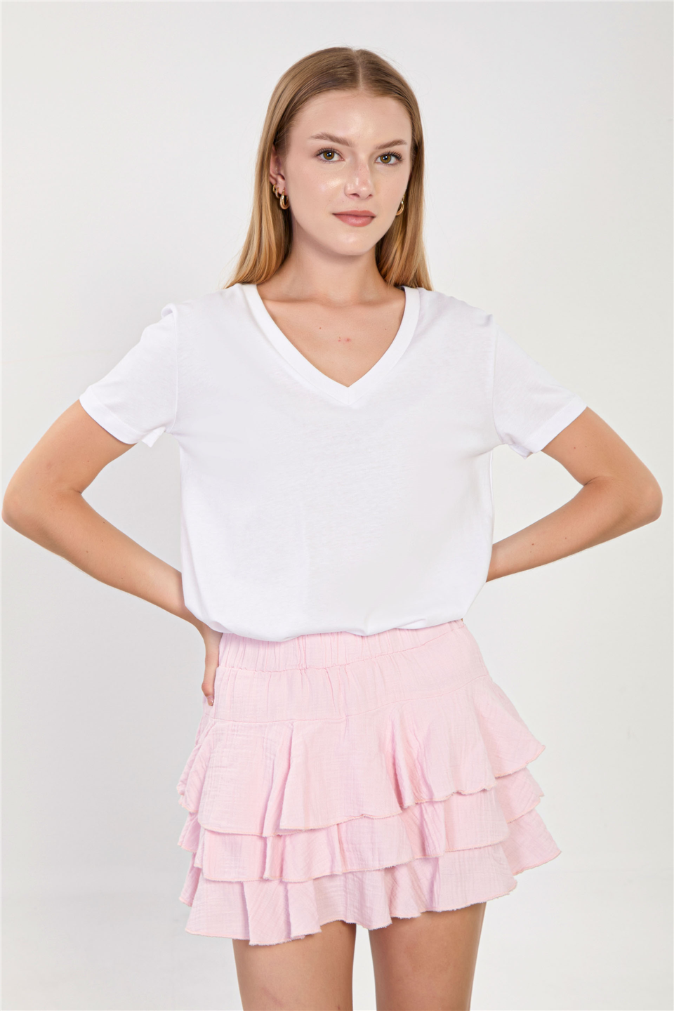 Kadın V Yaka Basic T-Shirt - Beyaz