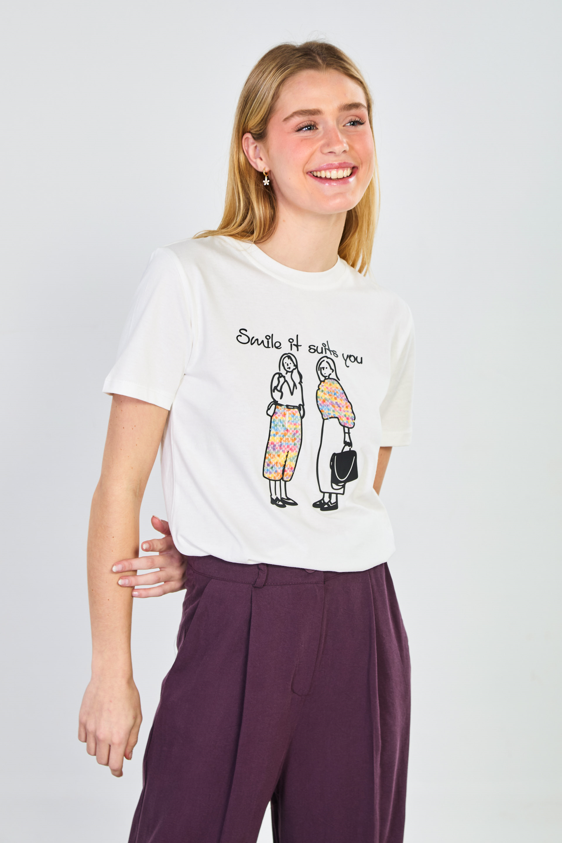 Kadın Yaka Kontrastlı Baskılı T-Shirt - Ekru