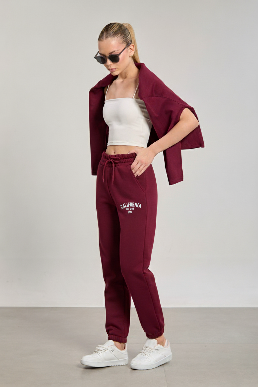 Kadın Paçası Lastikli California Basklı Eşofman Altı - Bordo