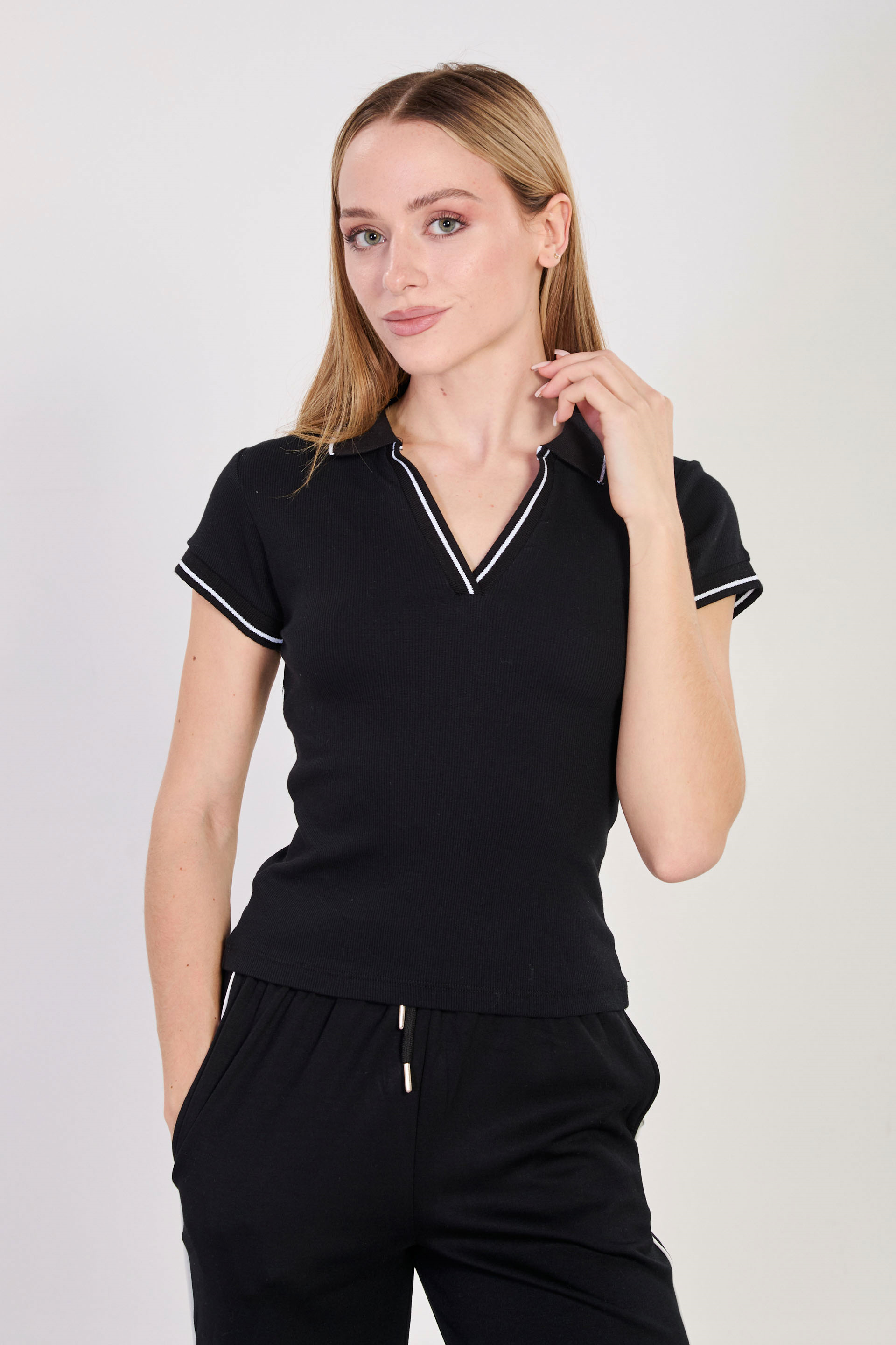 Kadın Polo Yaka Fitilli Body - Siyah/Beyaz