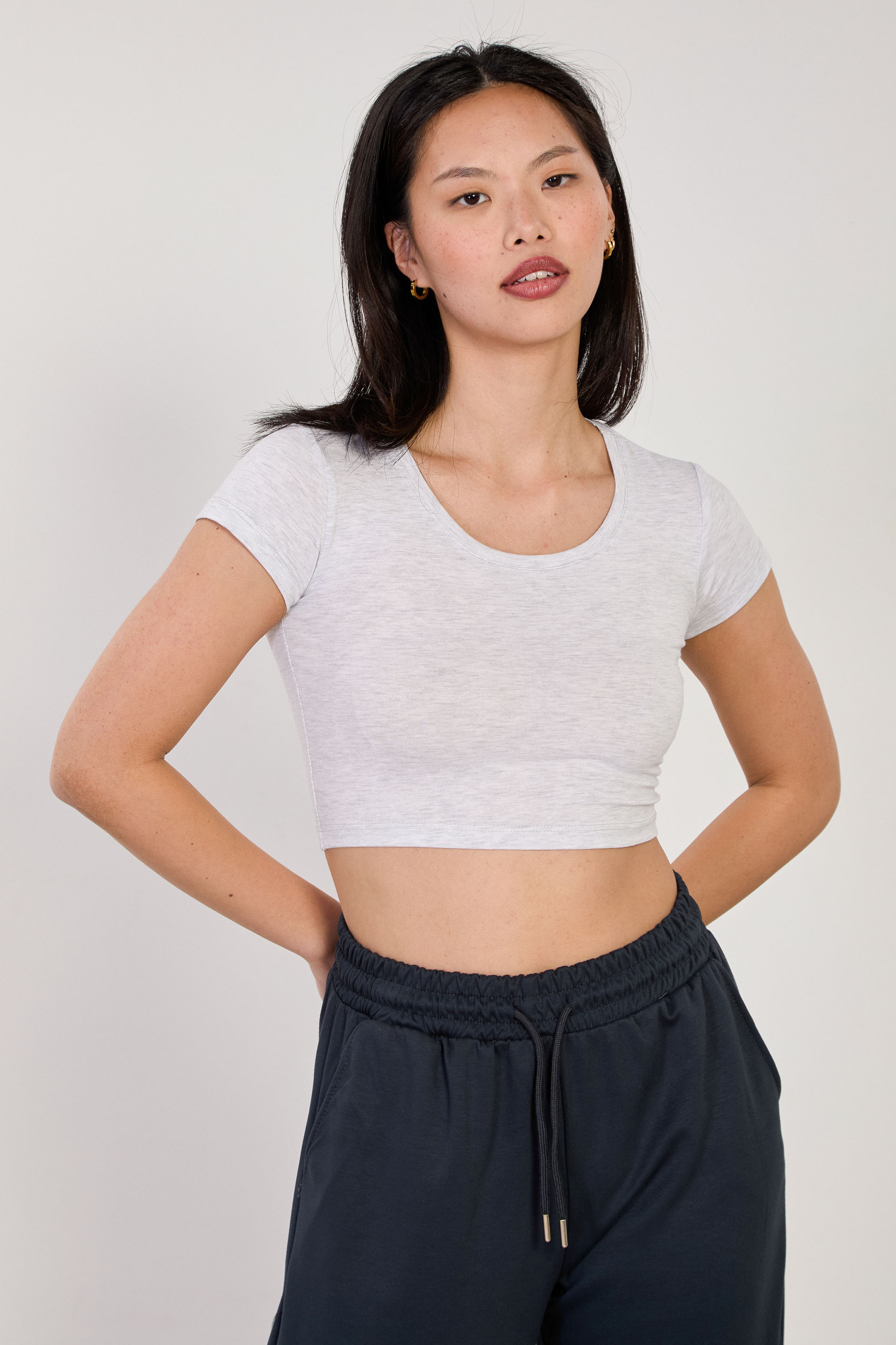 Kadın Derin Yaka Crop Body - Kar Melanj