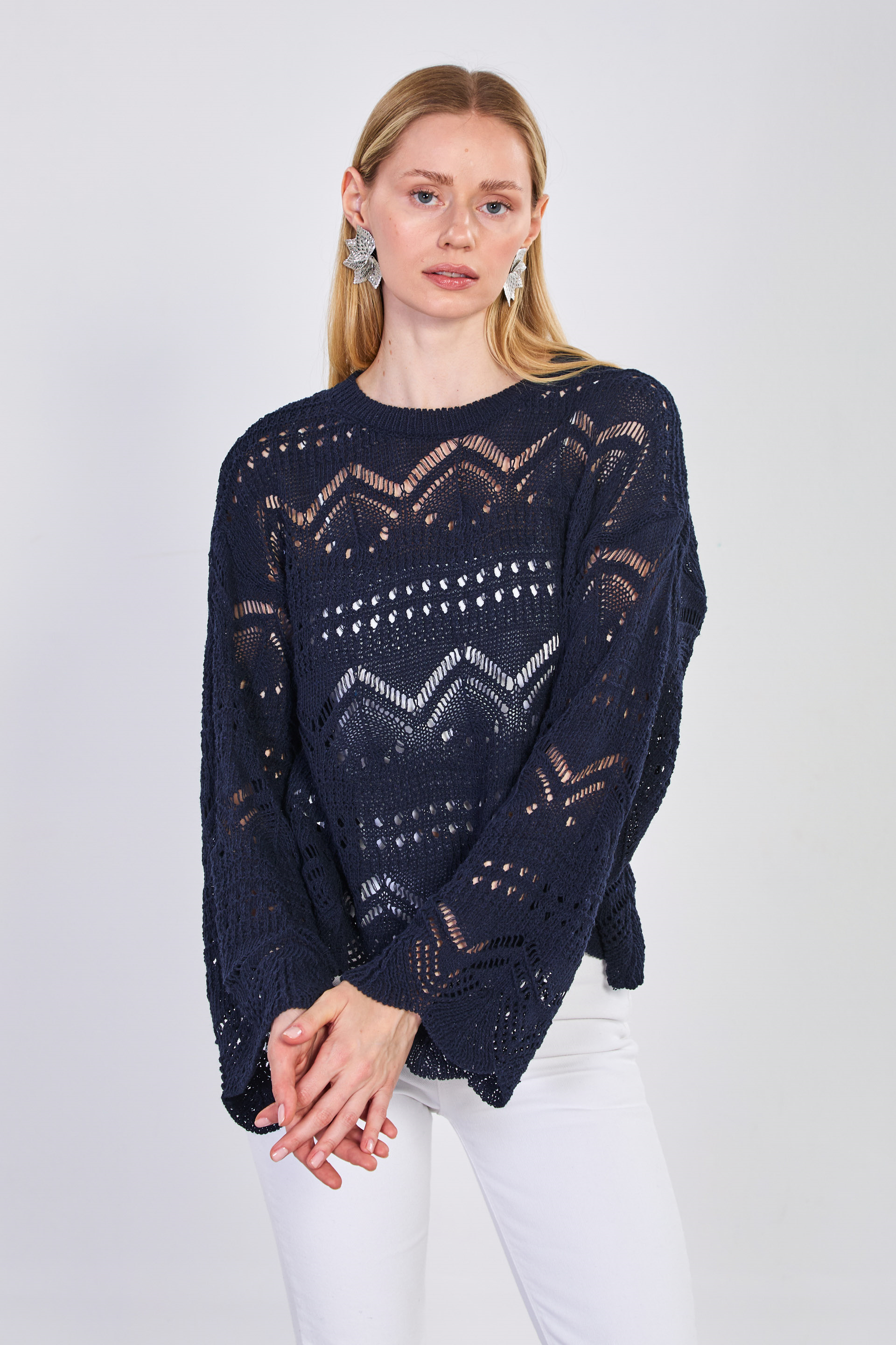 Kadın Etek Ucu Ve Kolları Dalgalı Ajurlu Kazak - Lacivert