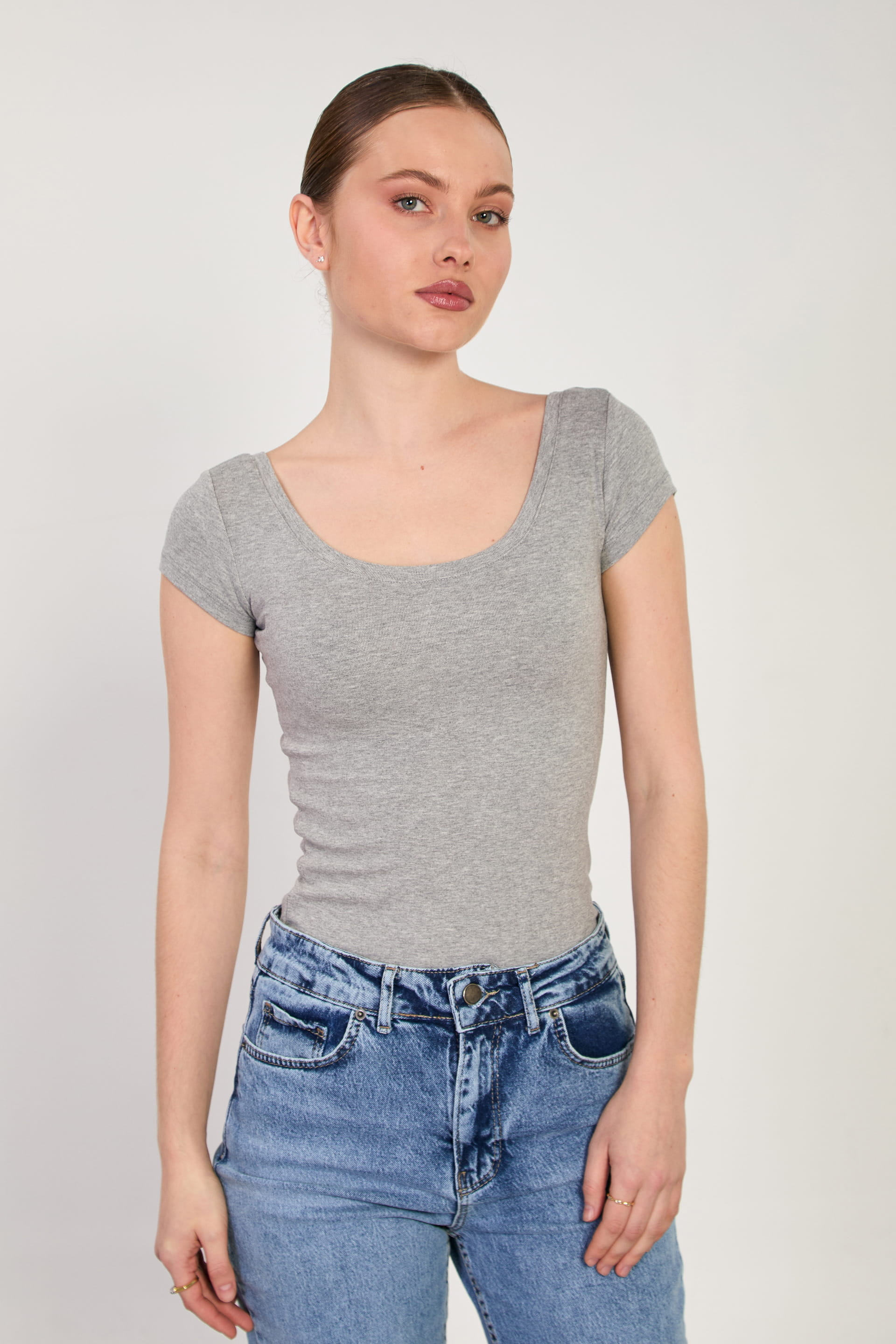 Kadın Ön Arka Açık Yaka Basic Kısa Kol Body - Gri