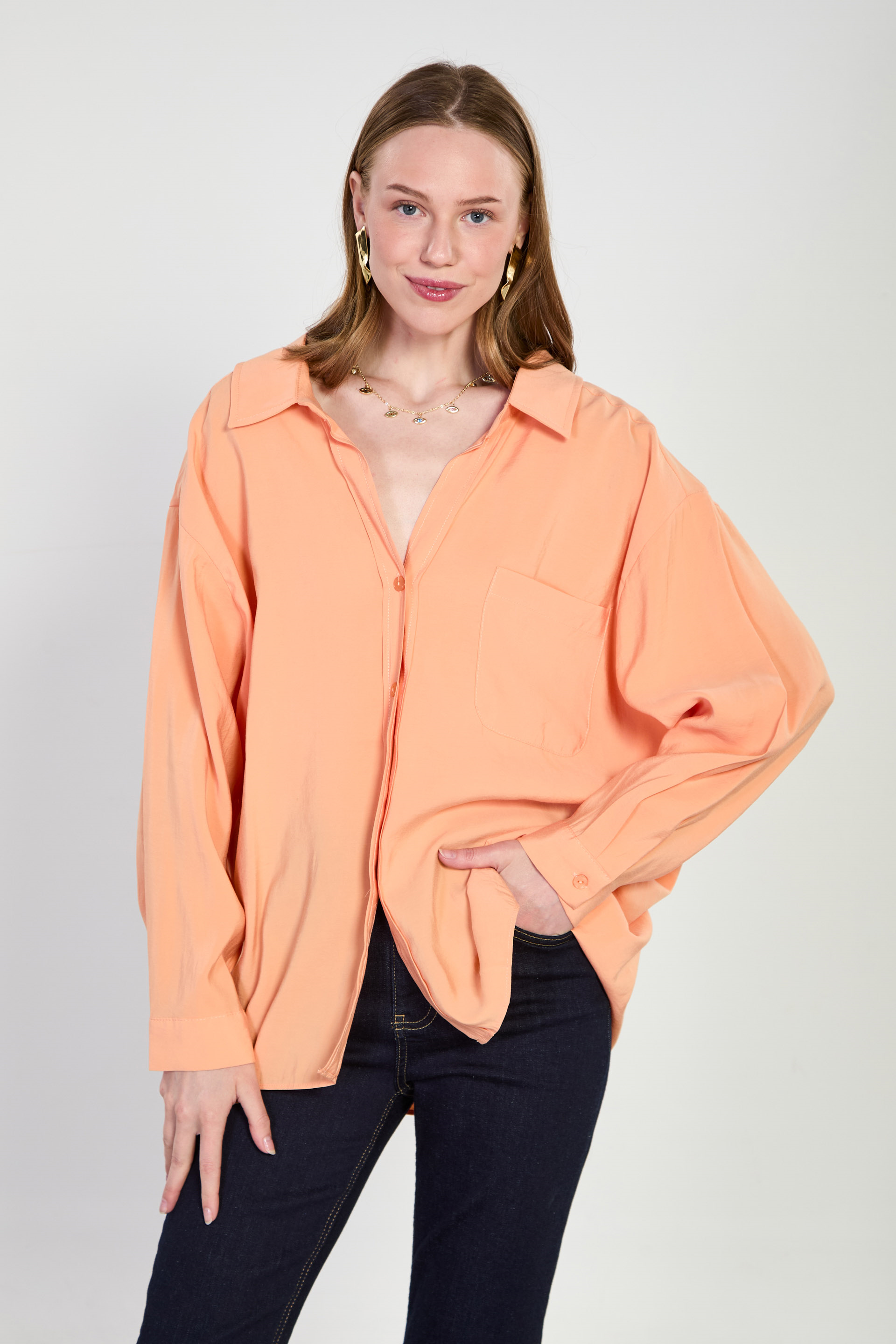 Kadın Tek Cepli V Yaka Gömlek - Oranj