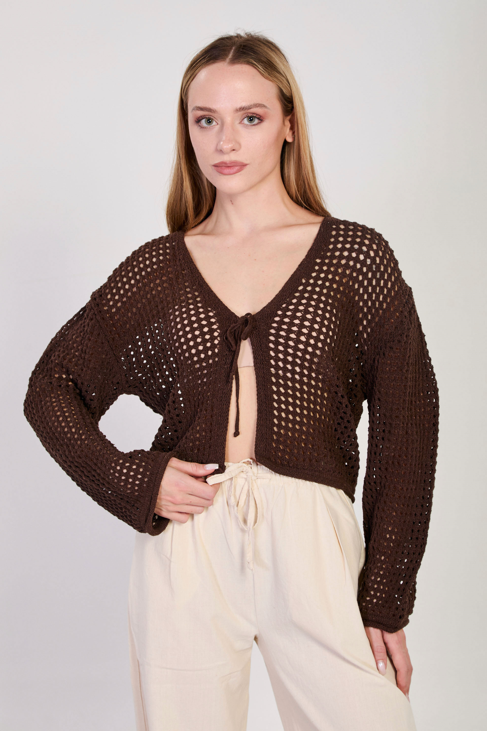 Kadın Önü Bağlamalı Ajurlu Crop Hırka - Acı Kahve