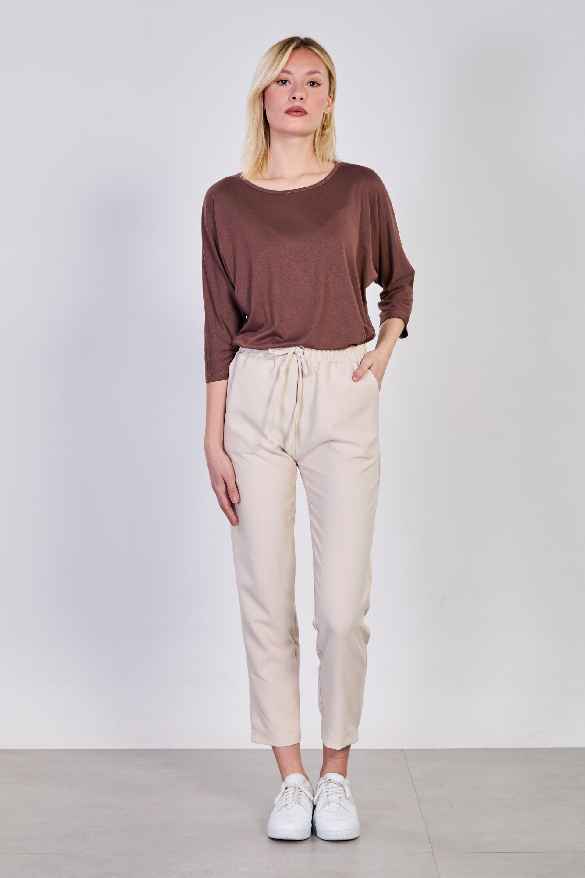 Kadın Beli Lastikli Bağcıklı Pantolon - Taş