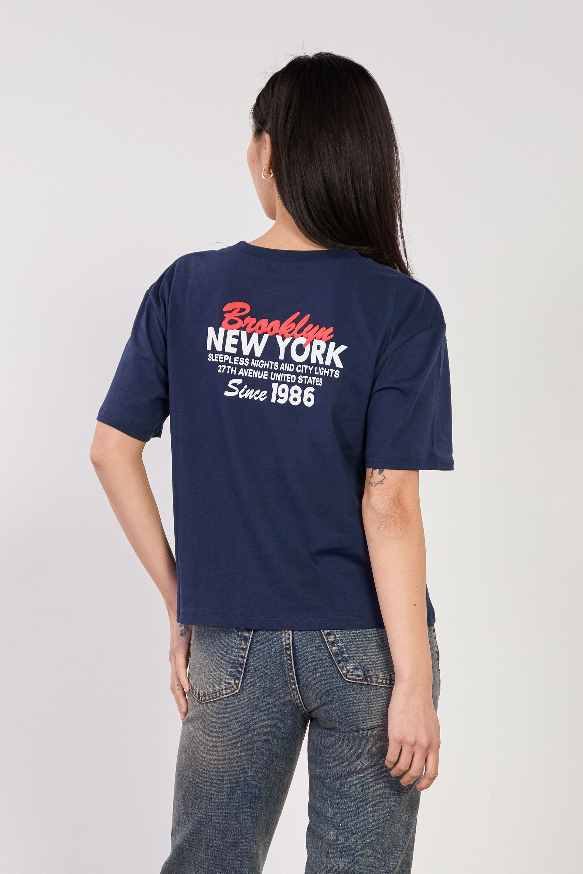 Kadın Göğüs ve Arka Baskılı T-Shirt - Lacivert