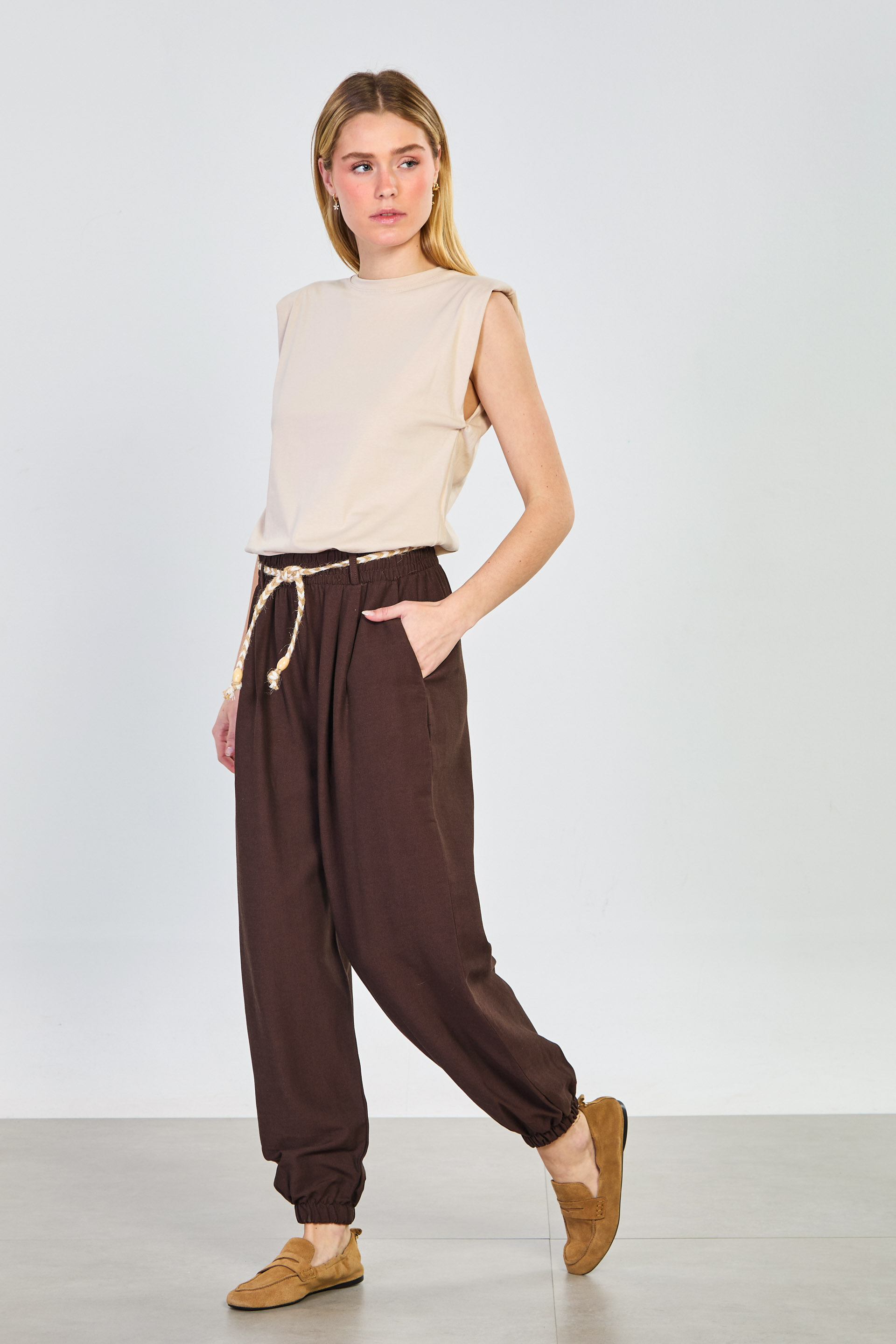 Kadın Hasır Kemerli Paça Lastikli Pantolon - Acı Kahve