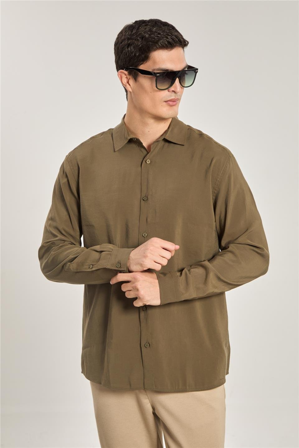 Erkek Uzun Kol Oversize Modal Gömlek - Haki