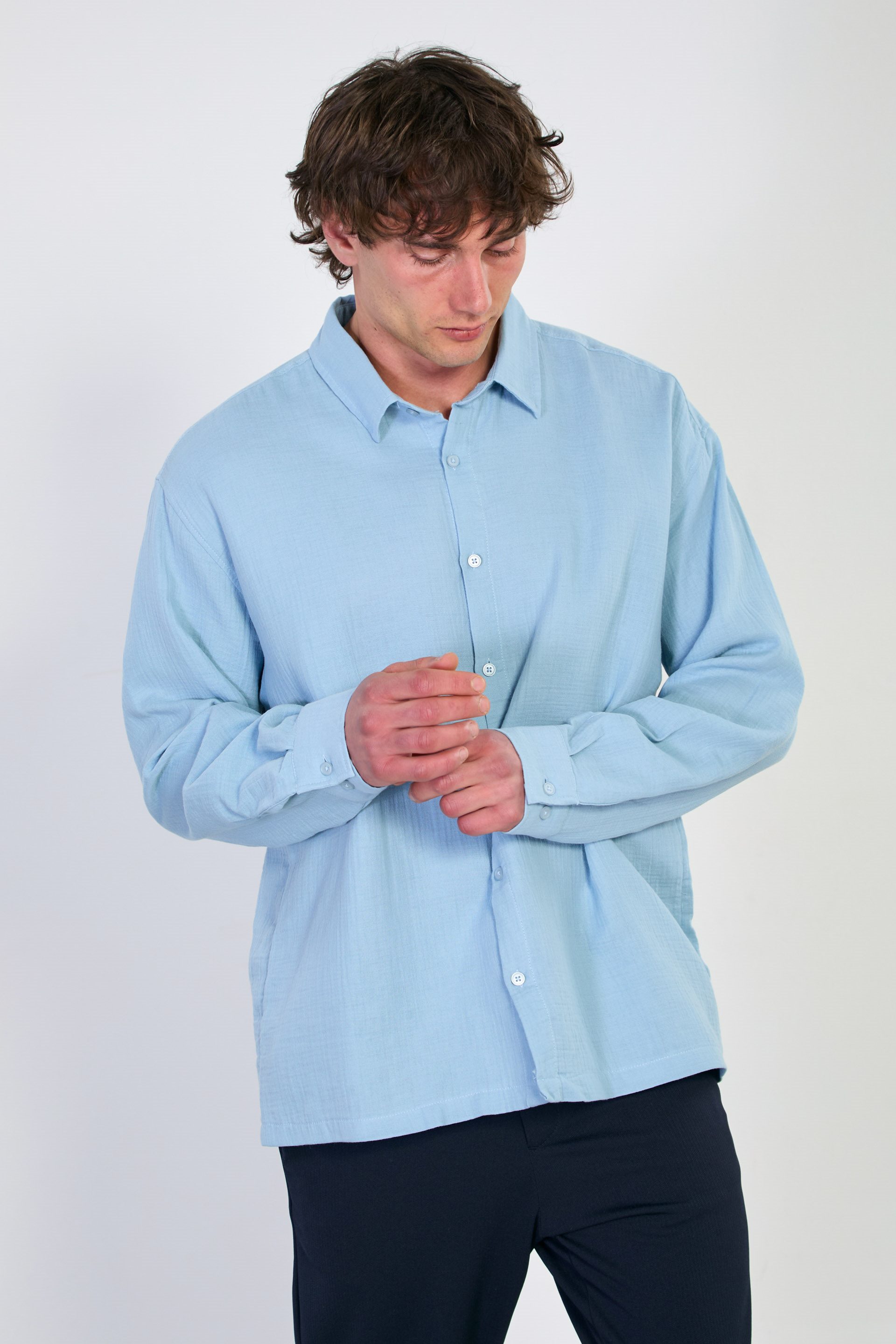 Erkek Uzun Kollu Müslin Gömlek - Mavi
