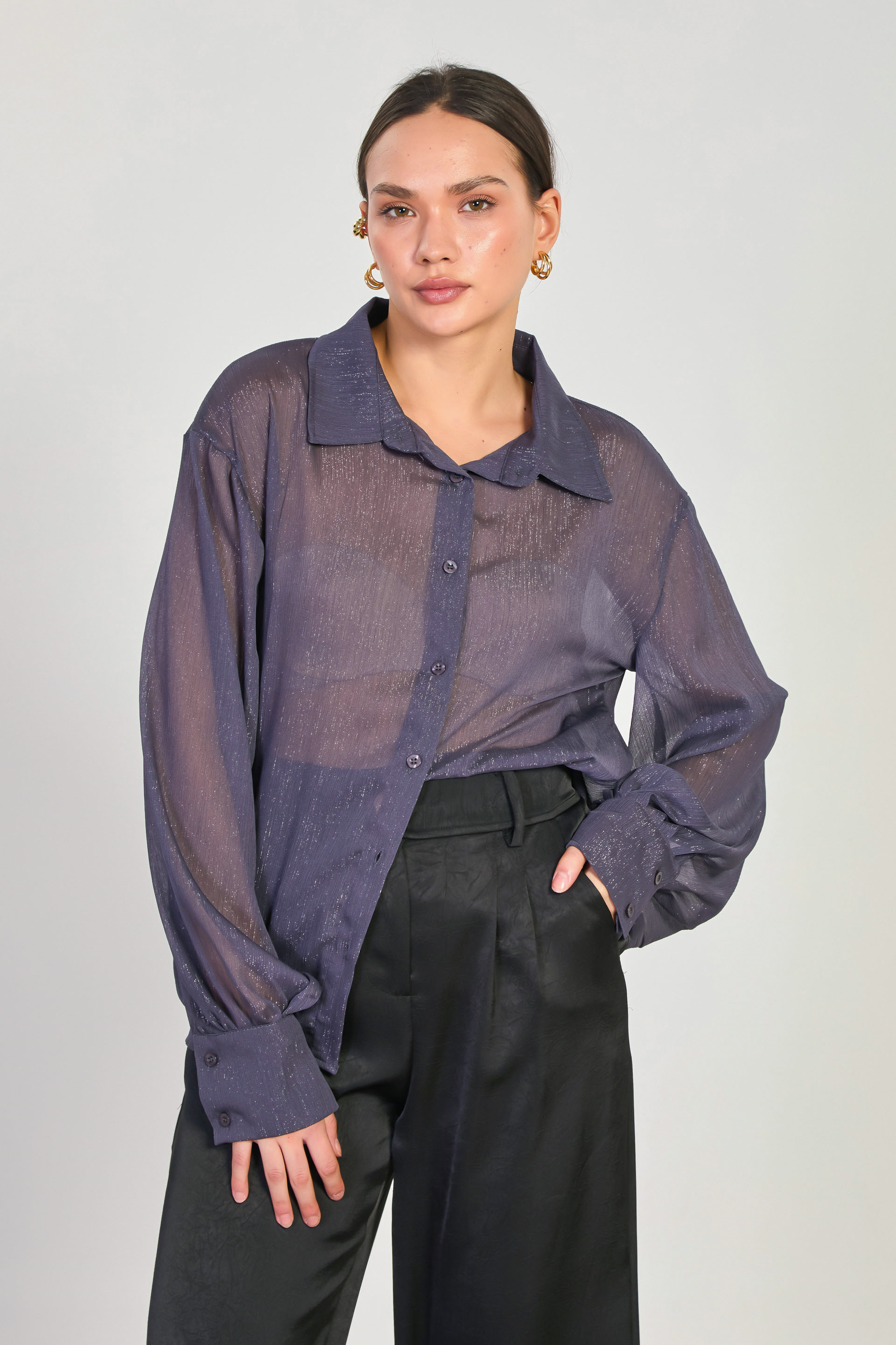 Kadın Simli Balon Kol Gömlek - Lacivert