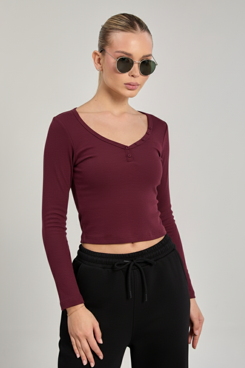 Kadın Yaka Düğmeli Uzun Kol Body - Vişne