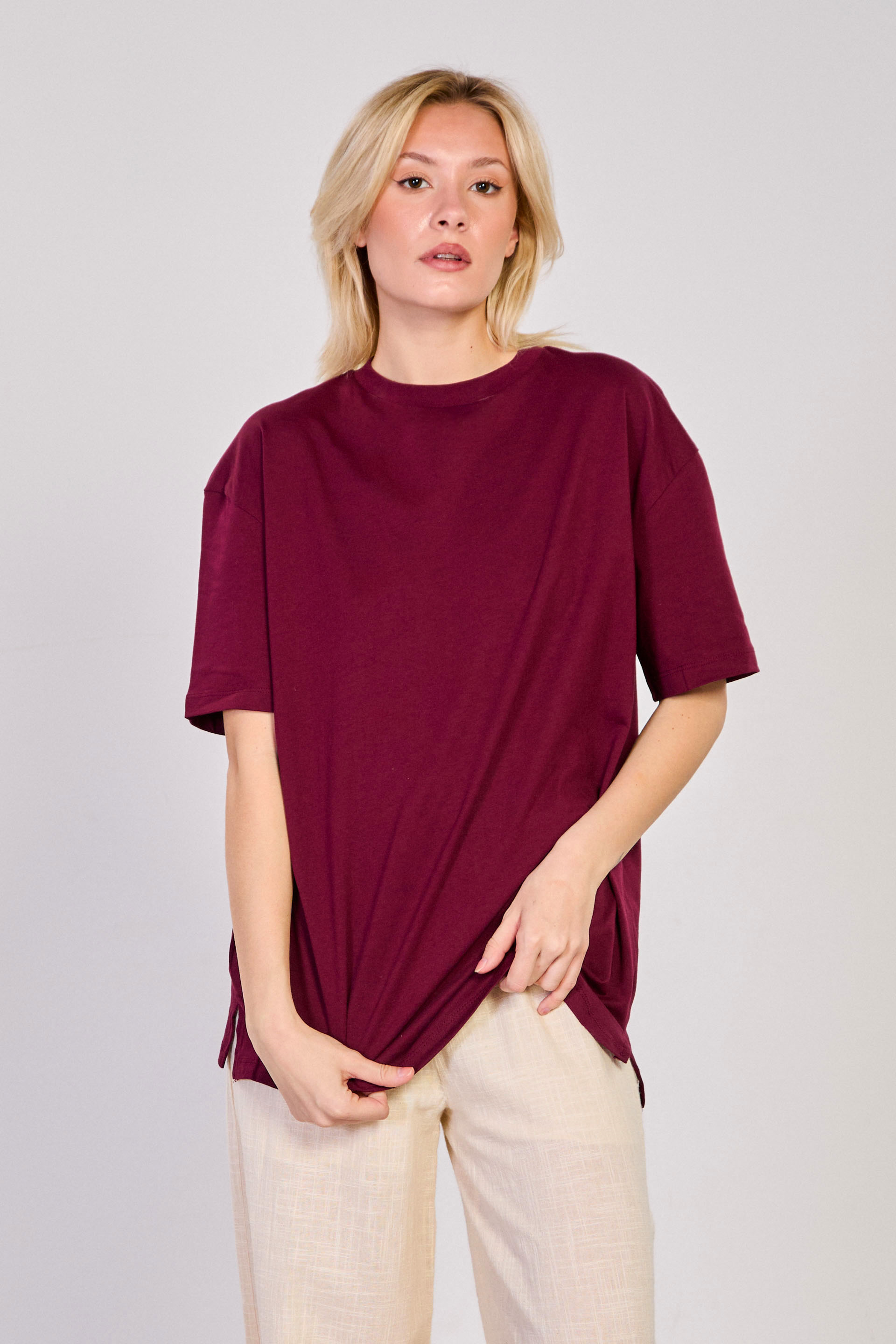 Yaka Bisiklet Yaka Yanı Yırtmaçlı Basic T-Shirt -  Mürdüm