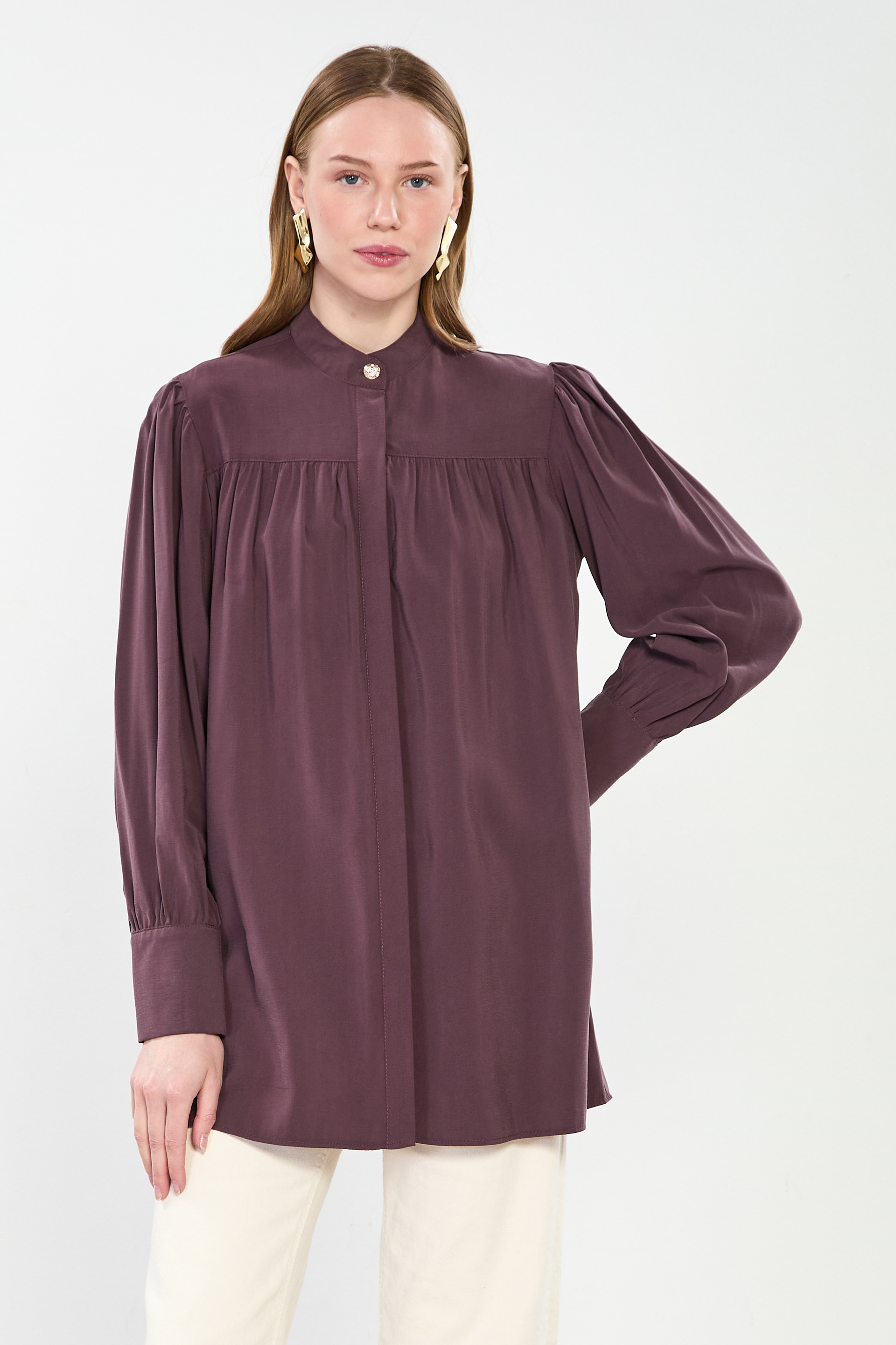 Kadın Hakim Yaka Robalı Tunik Gömlek - Mürdüm