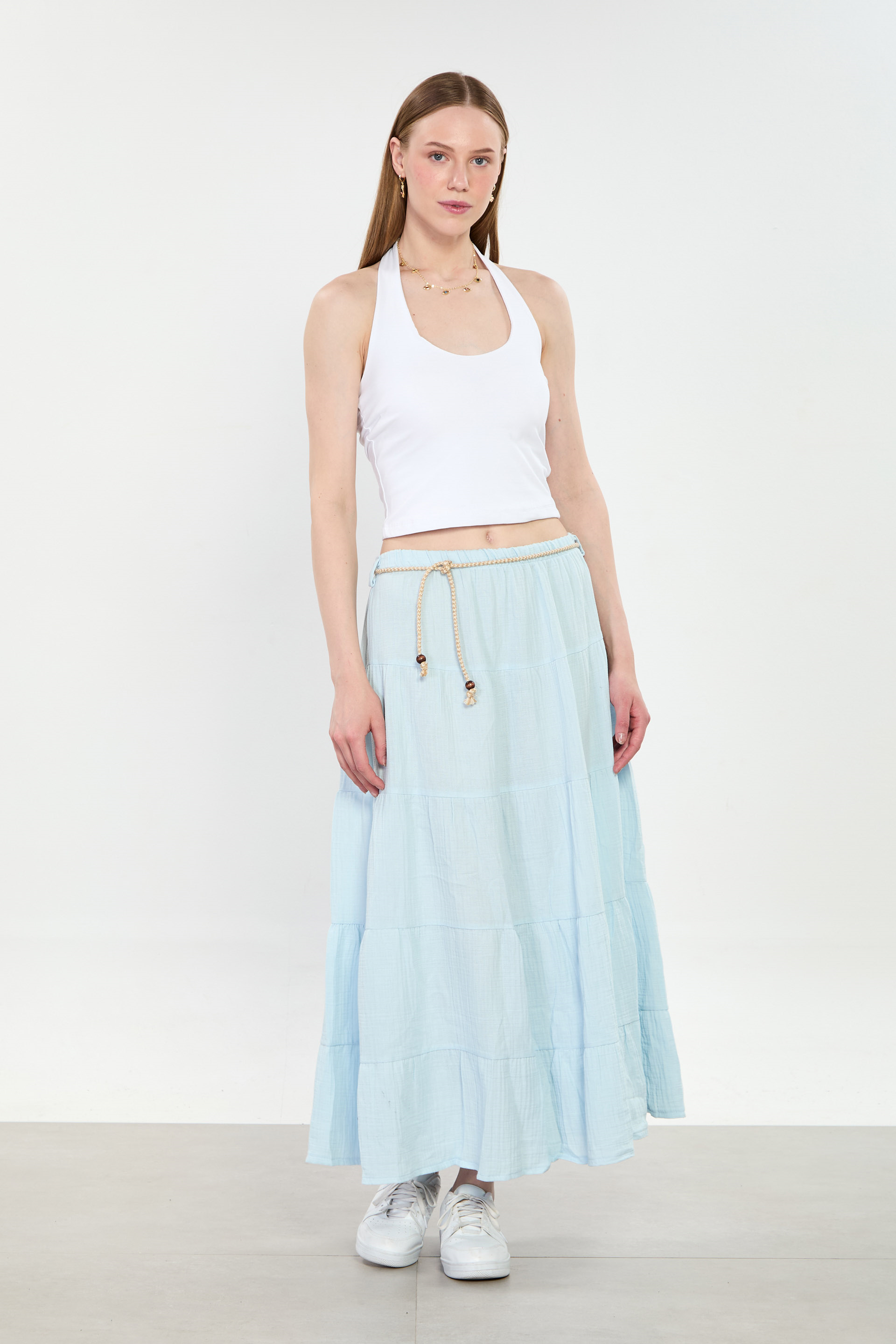 Kadın Kemerli Pileli Uzun Pamuk Etek - Mavi