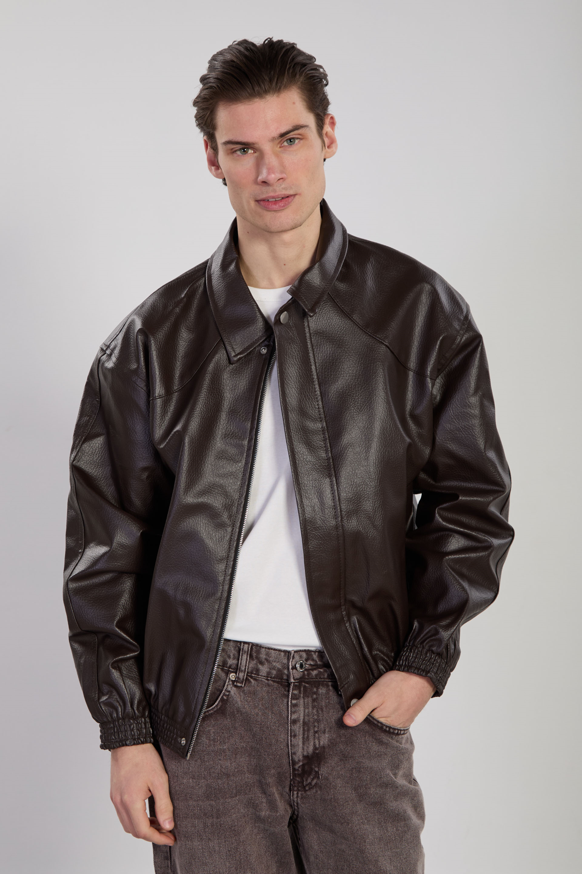 Erkek Çift Cep Detaylı Bomber Deri Mont - Acı Kahve