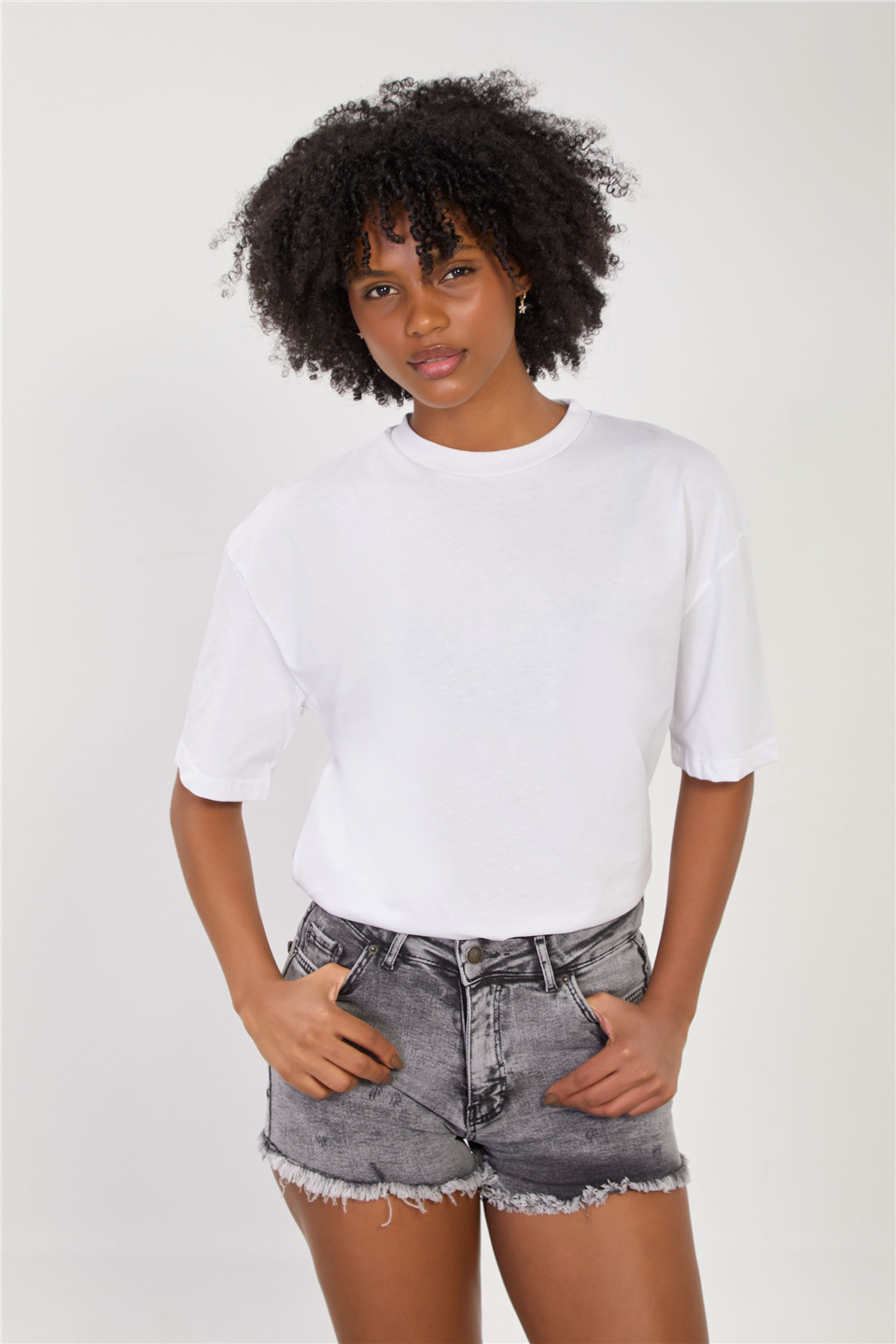 Kadın Bisiklet Yaka Yanı Yırtmaçlı Basic T-Shirt - Beyaz