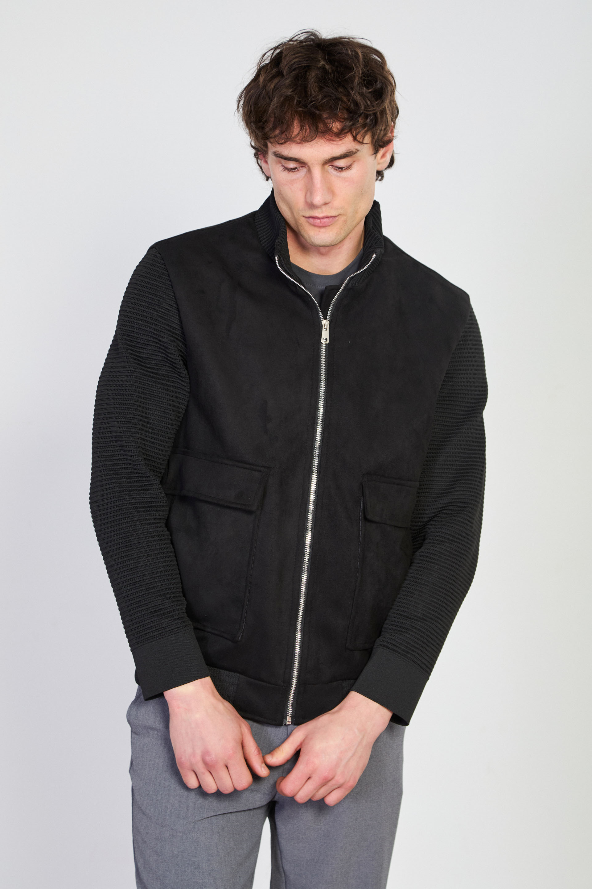 Erkek Dik Yaka Kolları Ribanalı Süet Mont - Siyah