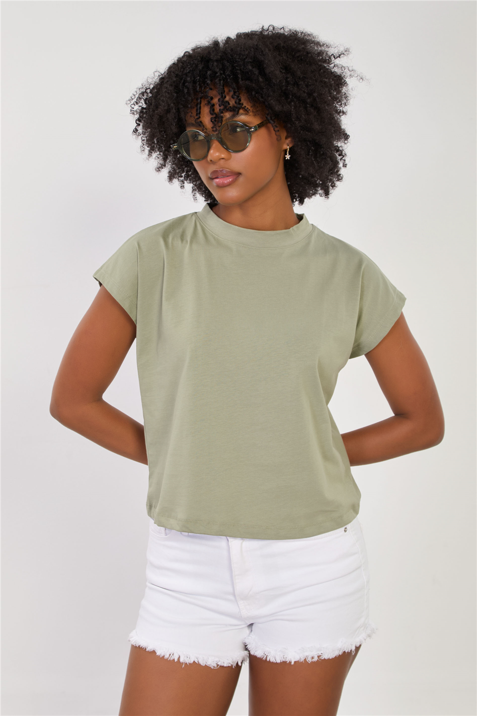 Kadın Düşük Kol Basic T-Shirt - Olive