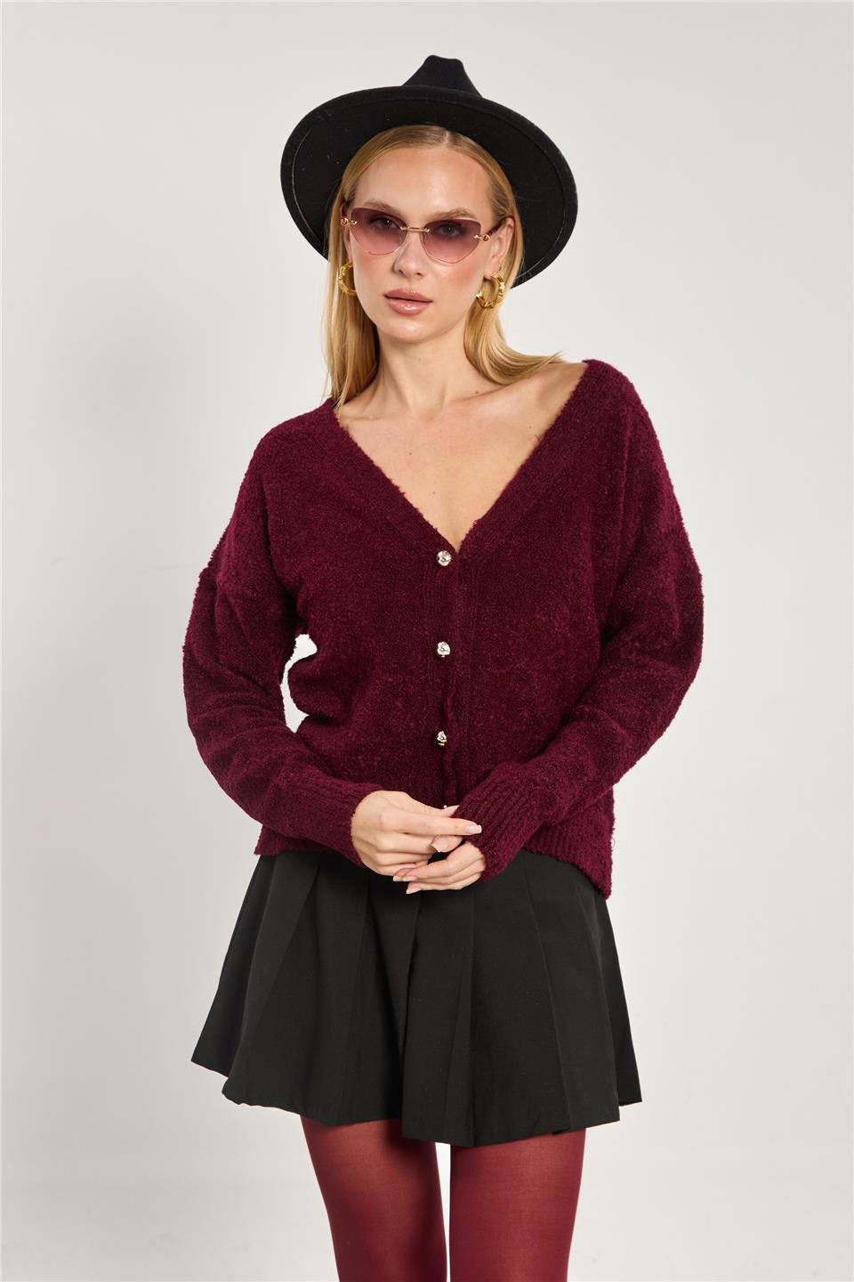 Kadın Düğmeli Buklet Hırka - Bordo