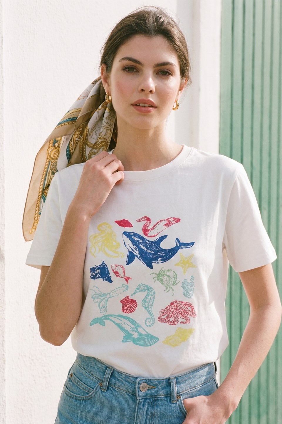 Kadın Deniz Altı Temalı T-Shirt - Ekru