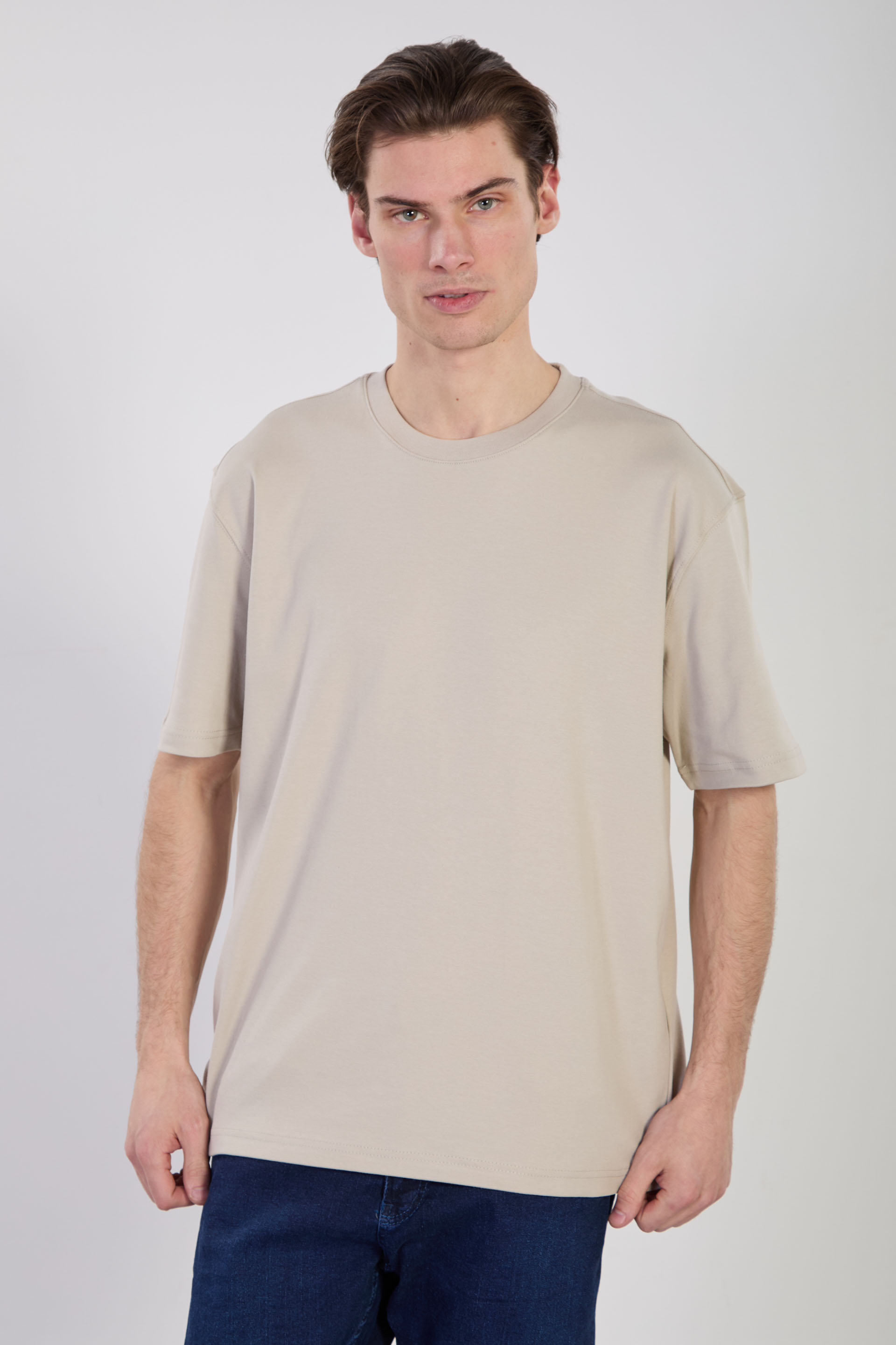 Erkek Bisiklet Yaka Oversize T-Shirt - Taş